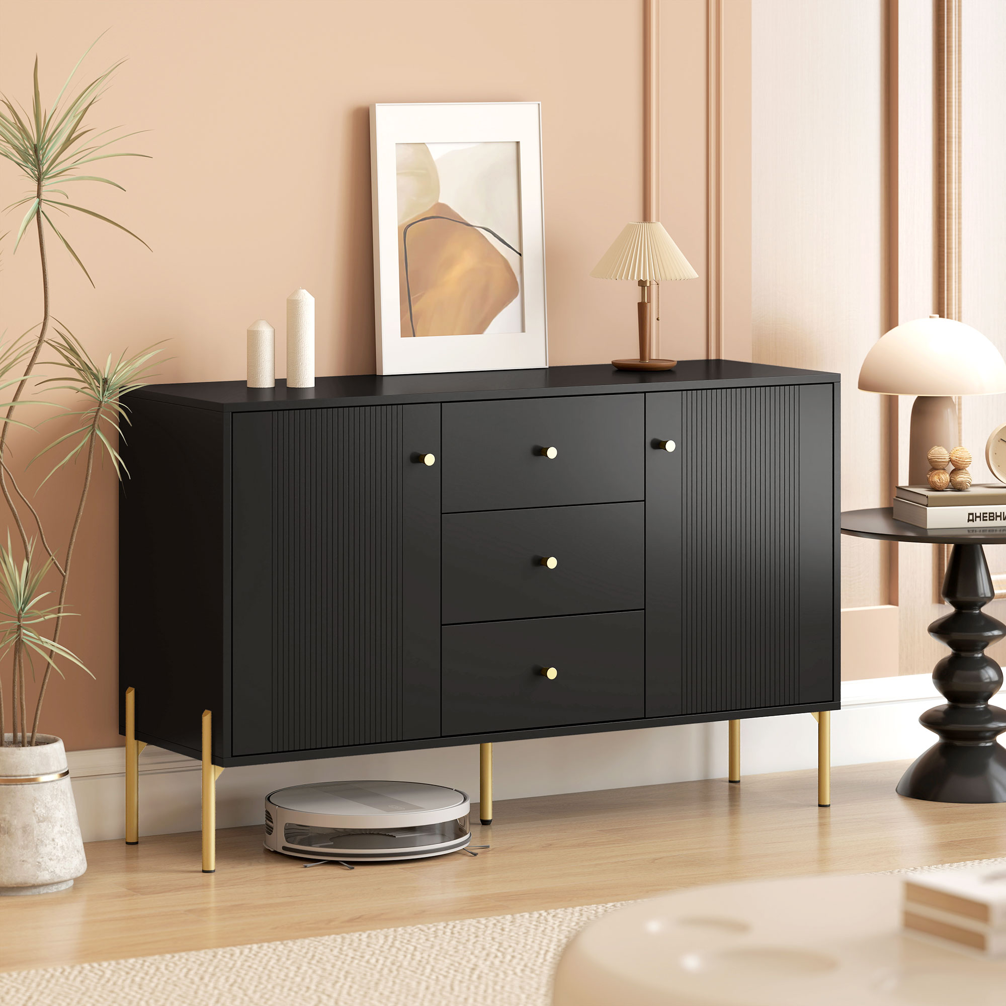 Buffet Cabinet, Modern Sideboard with 3 Soft-Close Drawers and 2 Adjustable Shelves for Living Room, Kitchen, Black - Image 6