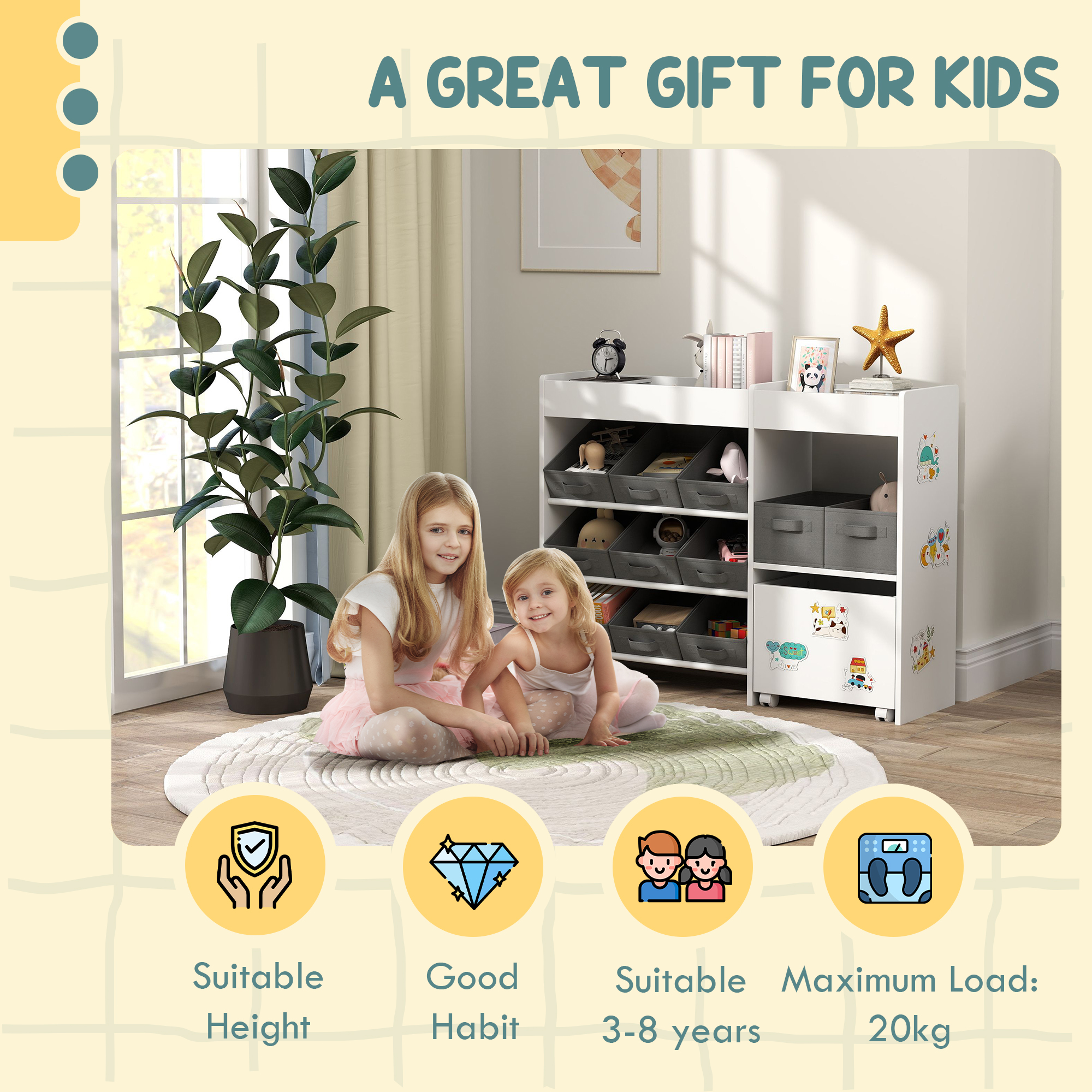 Qaba Kids Toy Storage Organizer with 11 Bins, Moveable Cabinet, Top Shelves, 3 Stickers, for Nursery, Playroom, White - Image 5