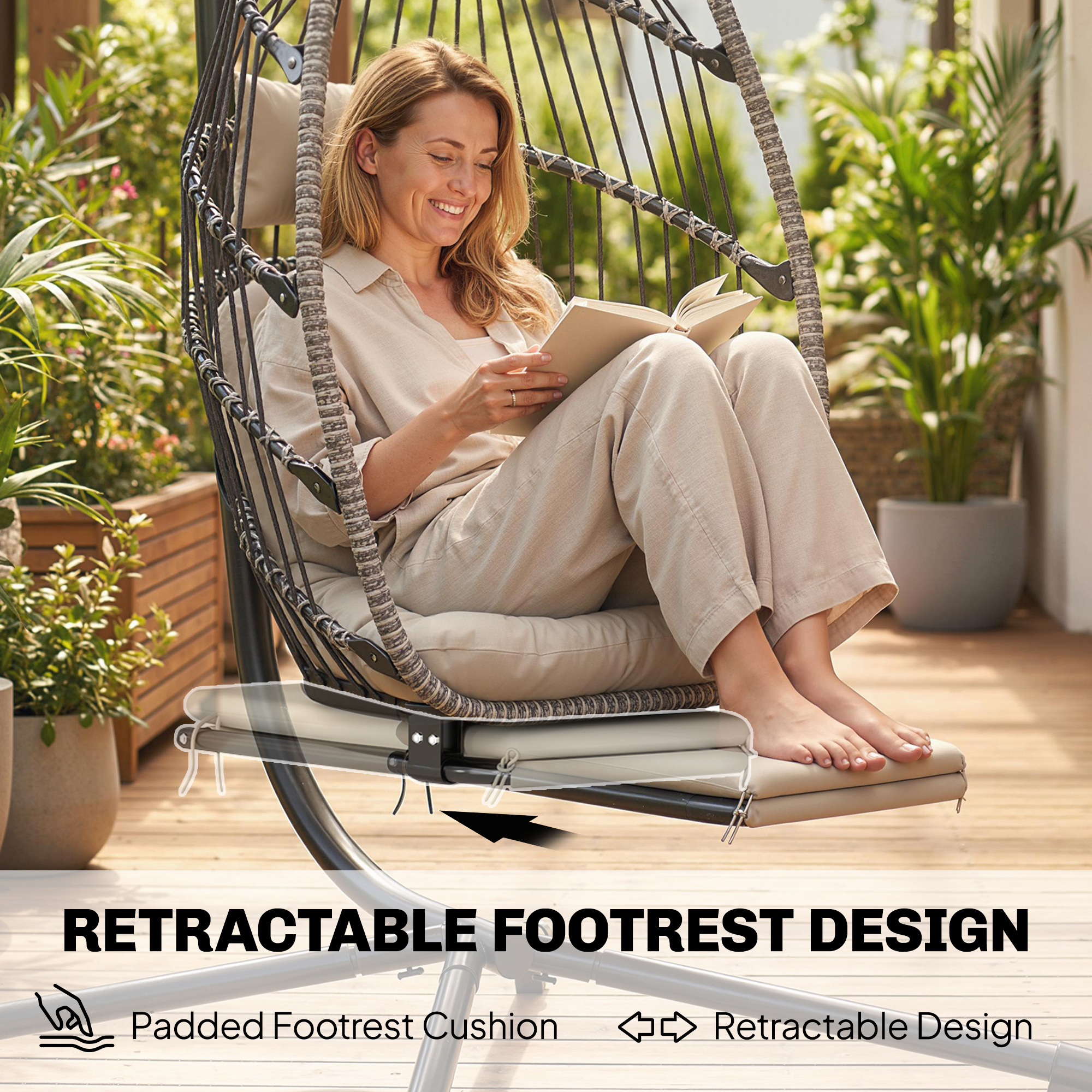 Outdoor Hanging Egg Chair with Retractable Footrest Swing Chair with Metal Stand Light Grey - Image 2