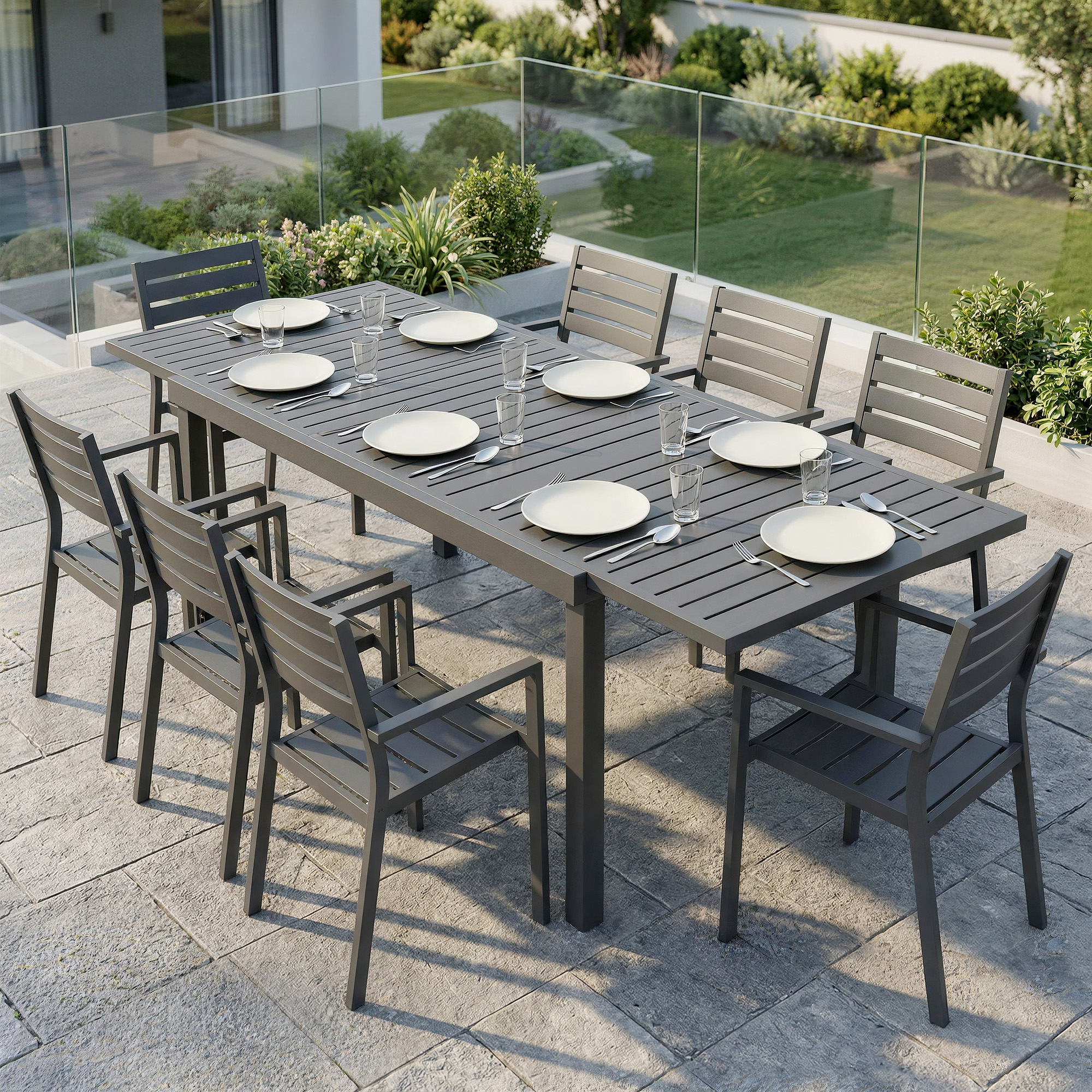 Expandable Outdoor Dining Table for 6-8 People, 59"-89" Aluminum Patio Dining Table with Slatted Top, Dark Grey - Image 5