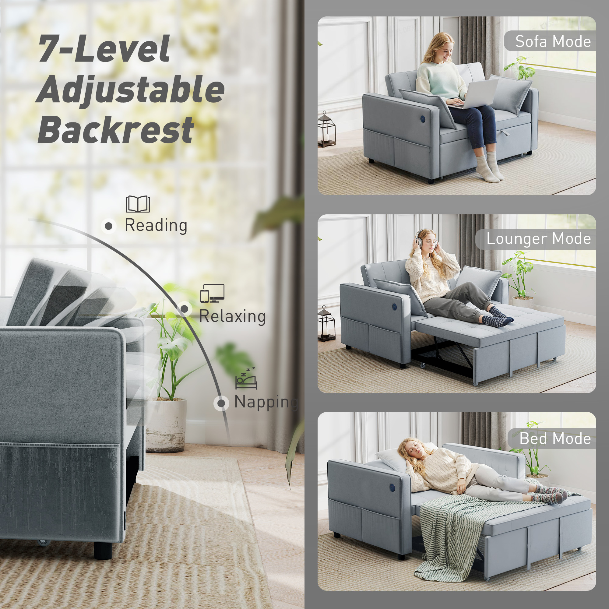 3‑in‑1 Double Sofa Bed, Pull Out Sleeper Sofa with USB Charging, Adjustable Backrest, Side Pockets, Light Grey - Image 3