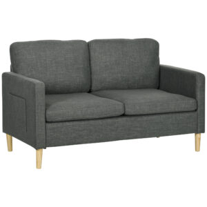 56" 2 Seat Sofa, Modern Love Seats Furniture, Upholstered 2 Seater Couch with Side Pockets, Solid Wood Frame, Grey