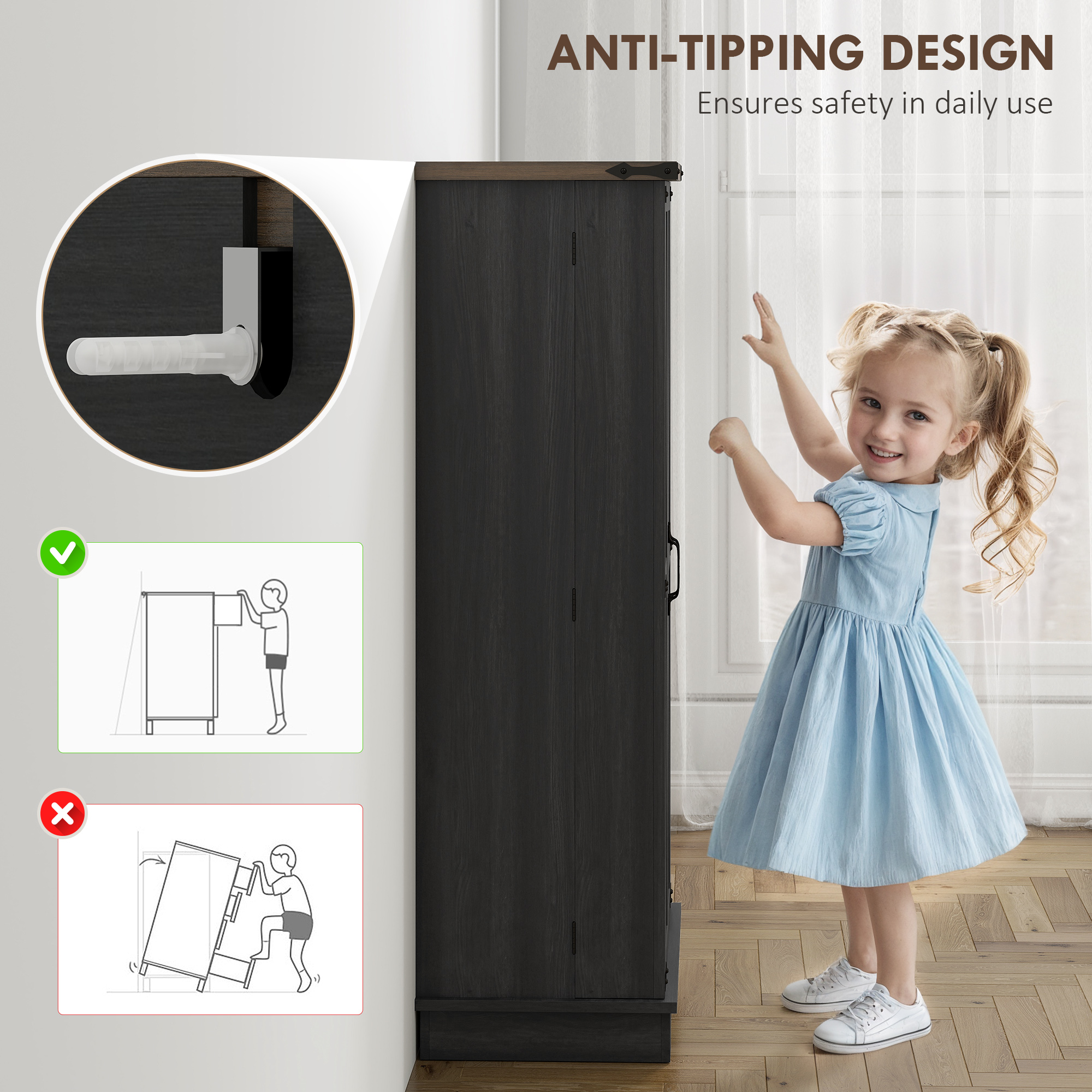 47" Kitchen Pantry Storage Cabinet, Farmhouse Kitchen Pantry Cabinet with Adjustable Shelves and Door Shelves, Black - Image 5