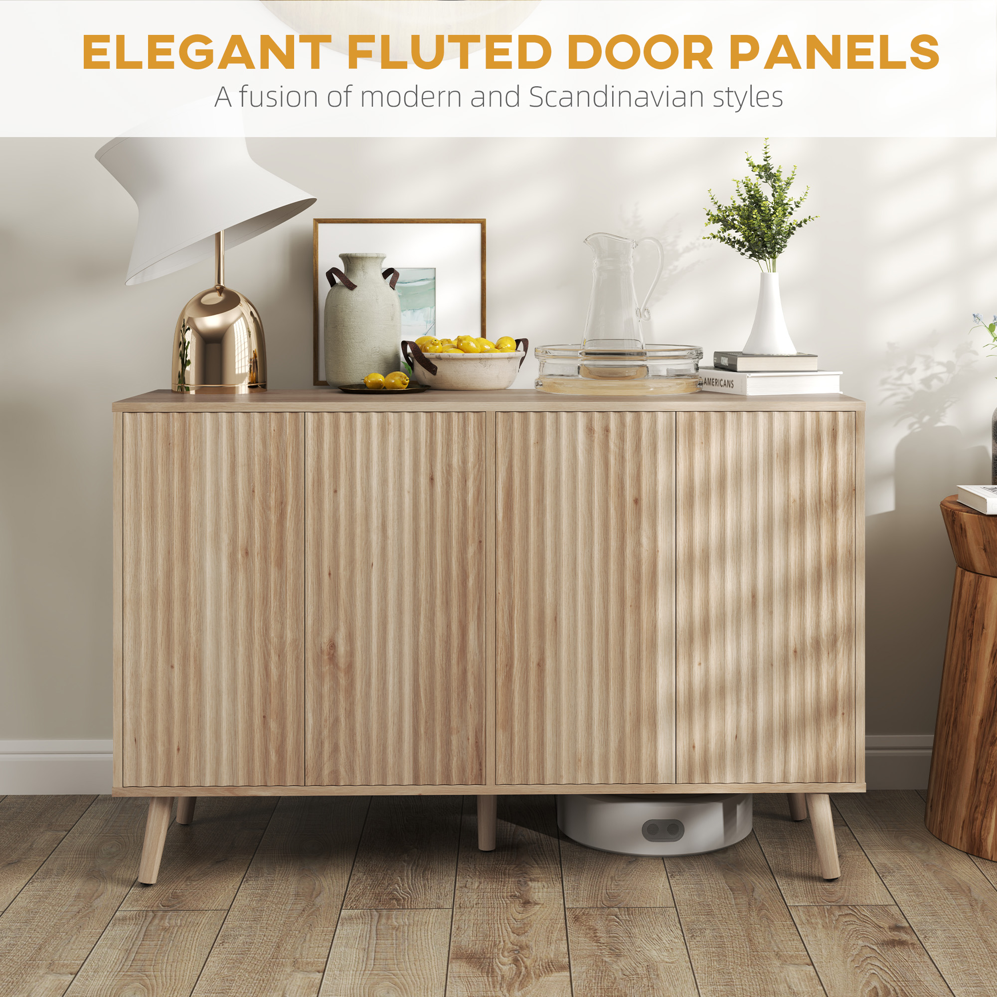 Buffet Cabinet with Storage Modern Fluted Sideboard with Adjustable Shelves Wood Legs for Dining Room Living Room Oak - Image 2
