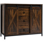 Industrial Buffet Cabinet, Kitchen Sideboard with Sliding Barn Doors, Three Drawers and Adjustable Shelves, Rustic Brown
