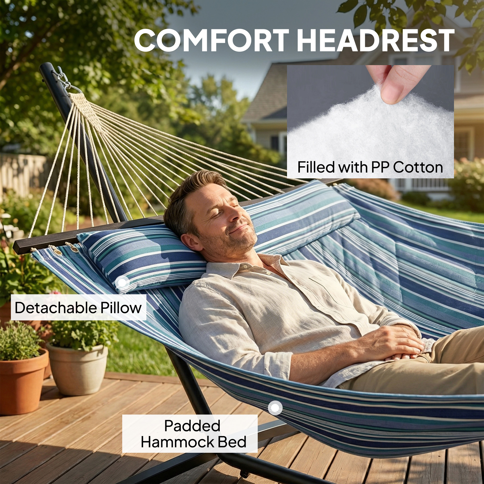 Hammock with Stand Heavy Duty Camping Hammock with Steel Frame for Patio Backyard Blue and White - Image 3