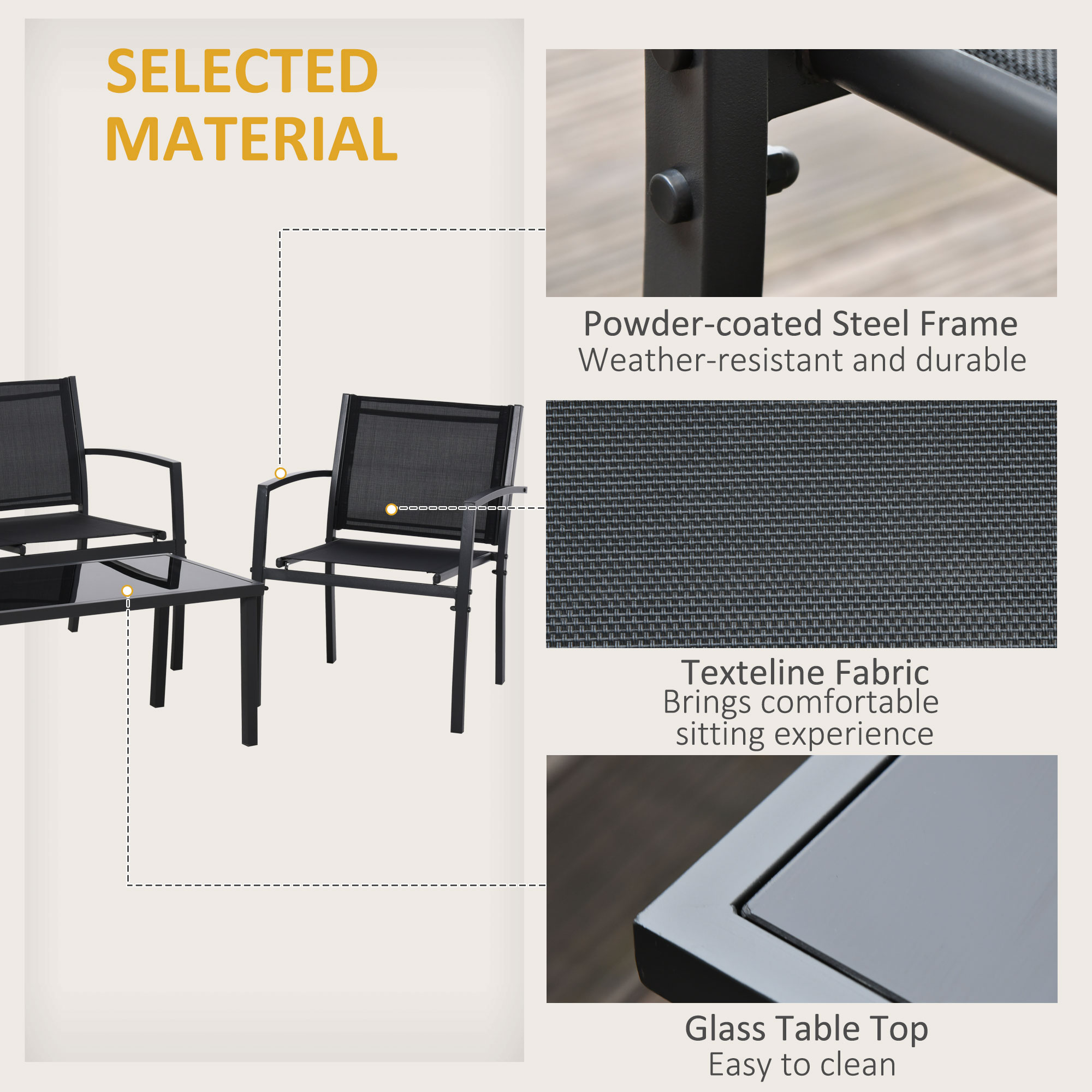 4-Piece Patio Furniture Set with Glass Top Coffee Table, Breathable Mesh Seat & Backrest for Garden, Balcony, Black - Image 3