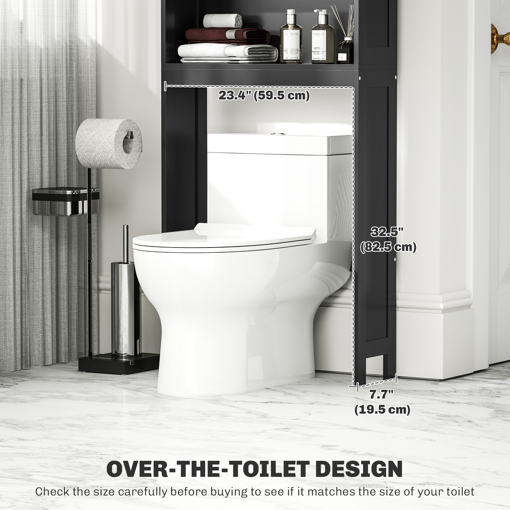 Modern Over The Toilet Storage, Bathroom Cabinets Over Toilet with Open Shelves and Double Door Cabinet, Black - Image 3