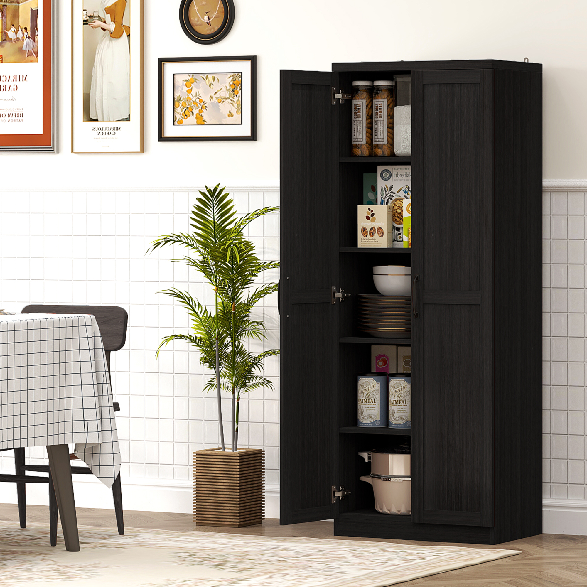 63" Kitchen Storage Cabinet, 5-tier Pantry Cabinet with Doors and Adjustable Shelves for Dining Room, Black - Image 6