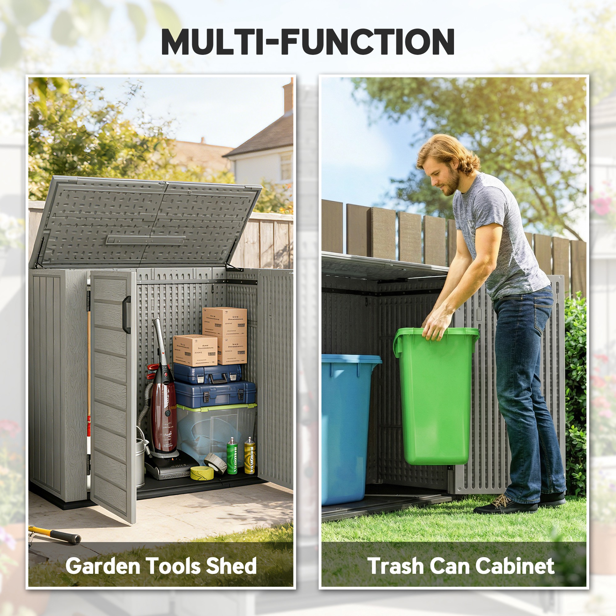 33 Cu.ft Plastic Outdoor Storage Shed, Storage Cabinet Tool Box with Lockable Double Doors and Flip-Top Lid Light Grey - Image 2