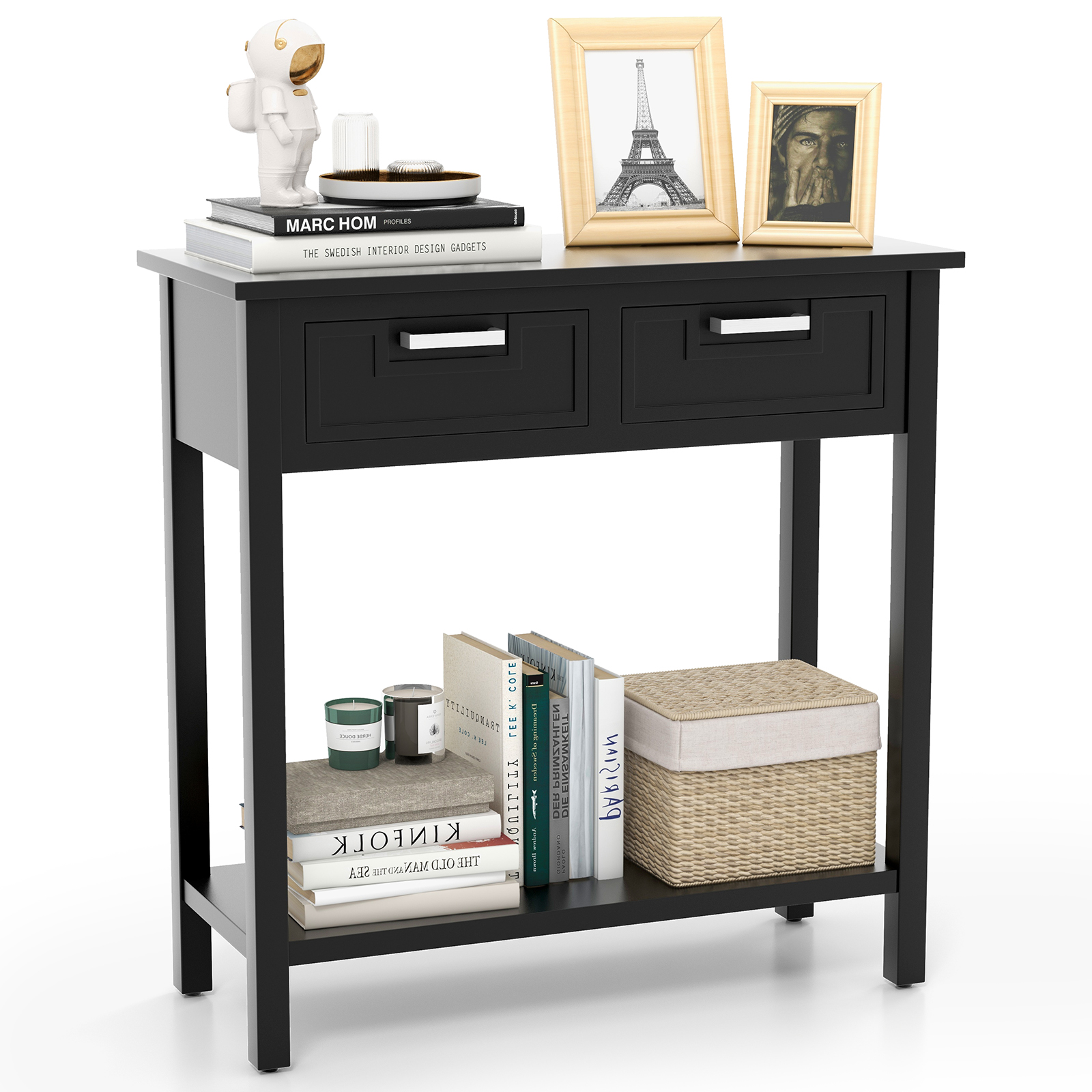 Narrow Console Table with Drawers and Open Storage Shelf-Black - Image 2