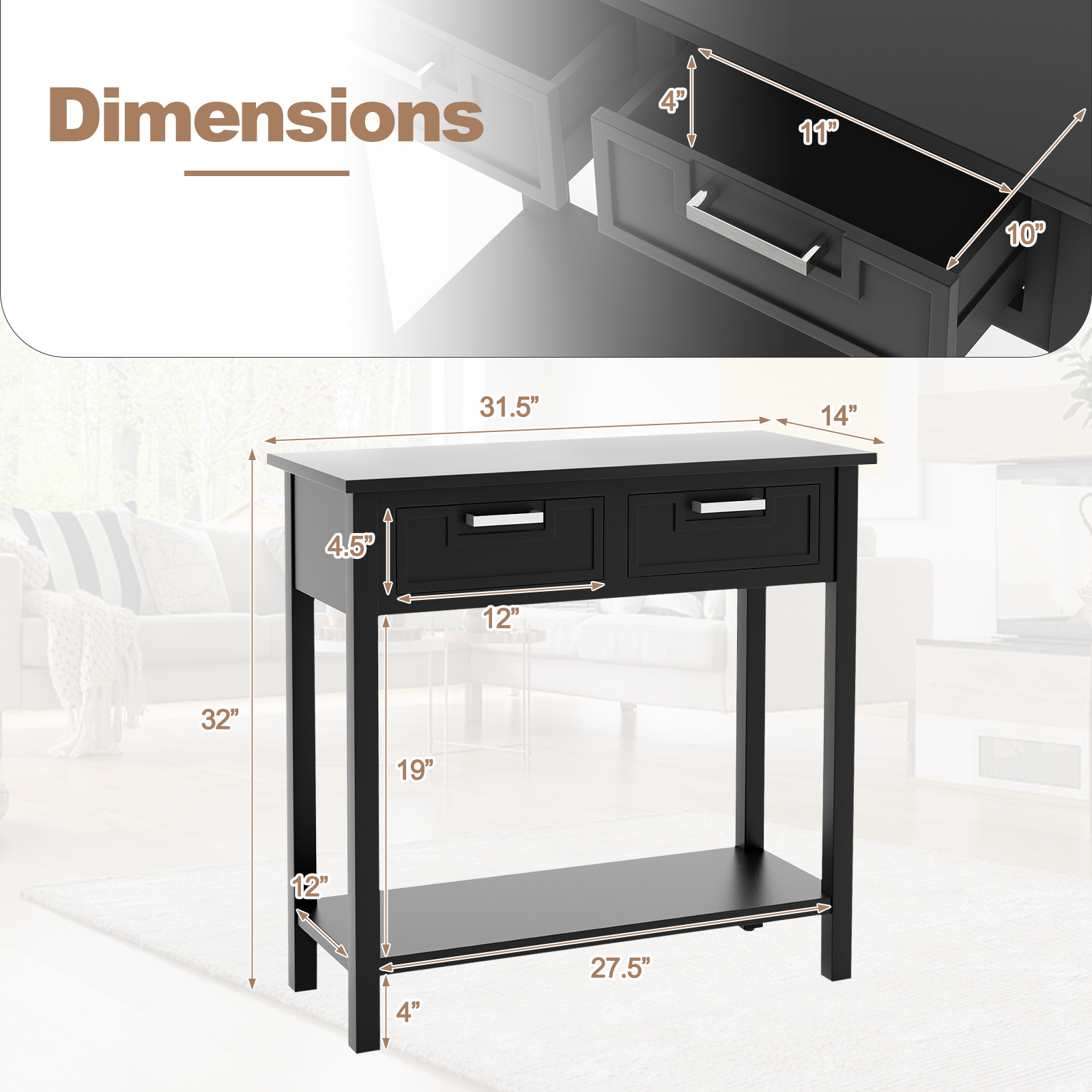 Narrow Console Table with Drawers and Open Storage Shelf-Black - Image 4