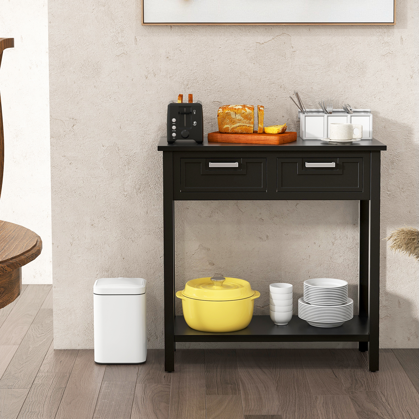 Narrow Console Table with Drawers and Open Storage Shelf-Black - Image 5