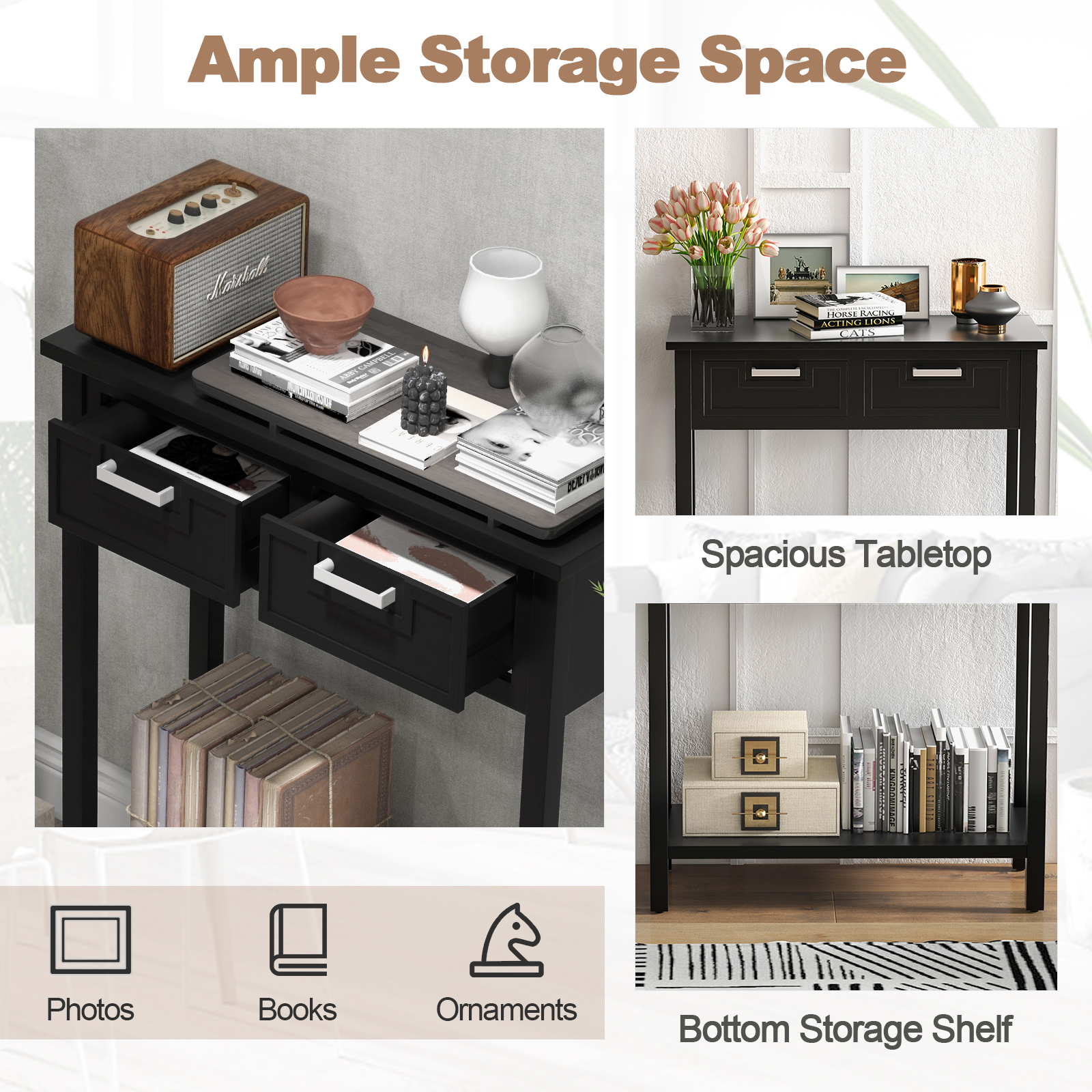 Narrow Console Table with Drawers and Open Storage Shelf-Black - Image 6