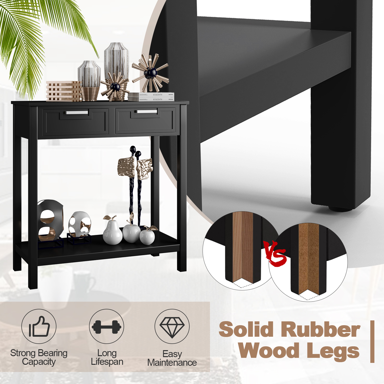 Narrow Console Table with Drawers and Open Storage Shelf-Black - Image 7