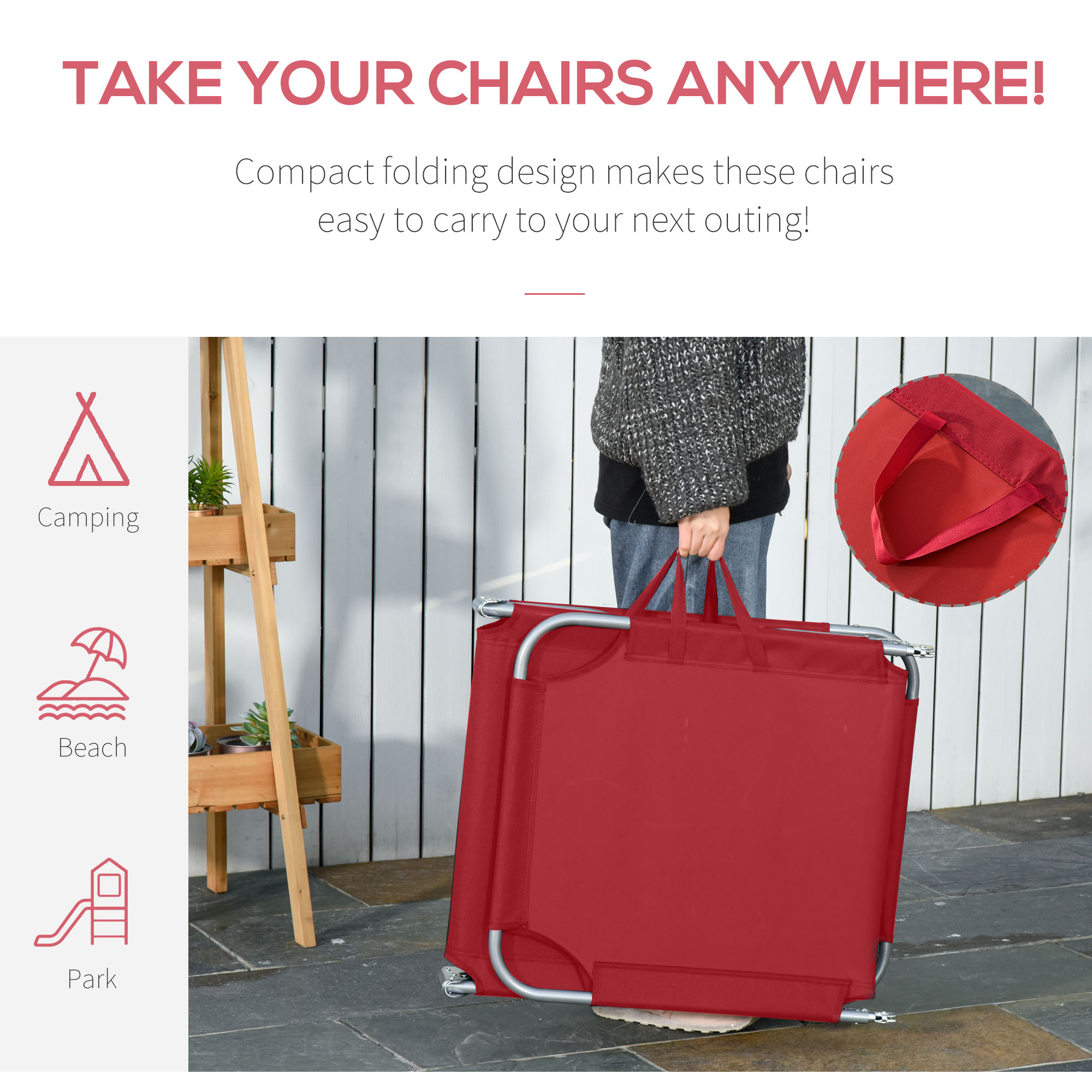 Outdoor Folding Chaise Lounge, Reclining Lounge Chair with Adjustable Backrest and Breathable Mesh Fabric, Wine Red - Image 3