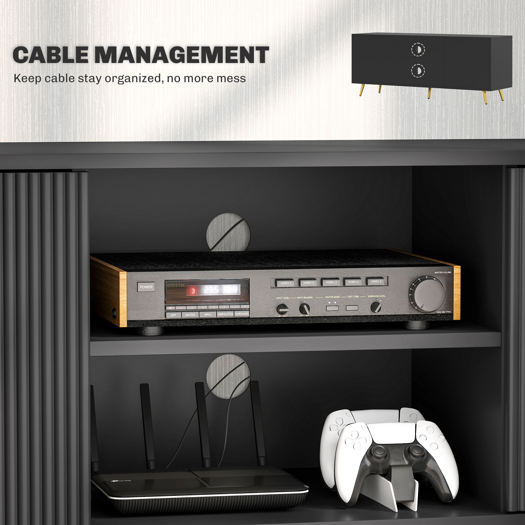 TV Stand with Storage for 55 Inch TV, Modern TV Cabinet with 2 Open Shelves and 2 Cabinets for Living Room, Black - Image 4