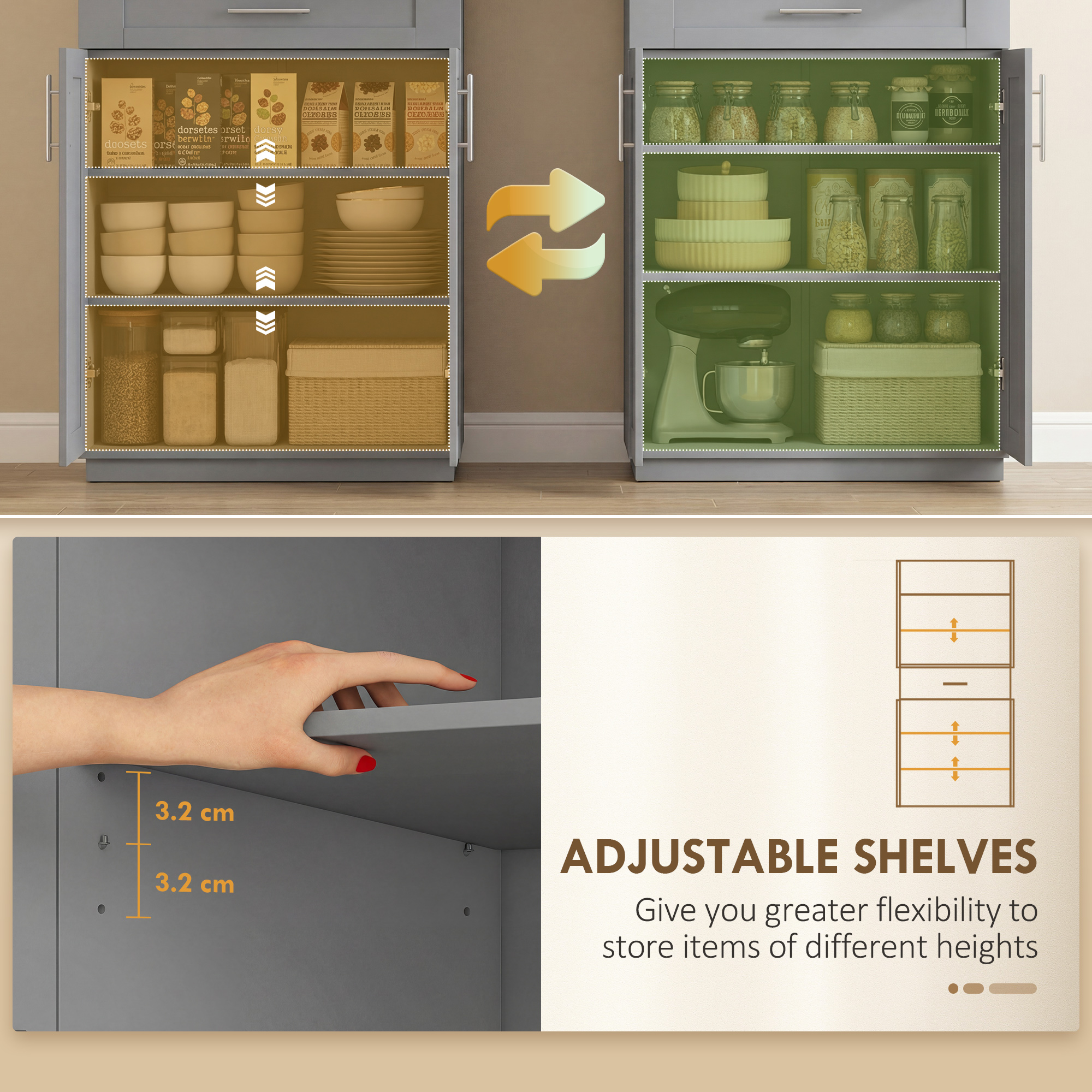 72" Storage Cabinet, Freestanding Kitchen Pantry Cabinet with 4 Doors, Drawer and 3 Adjustable Shelves, Grey - Image 3