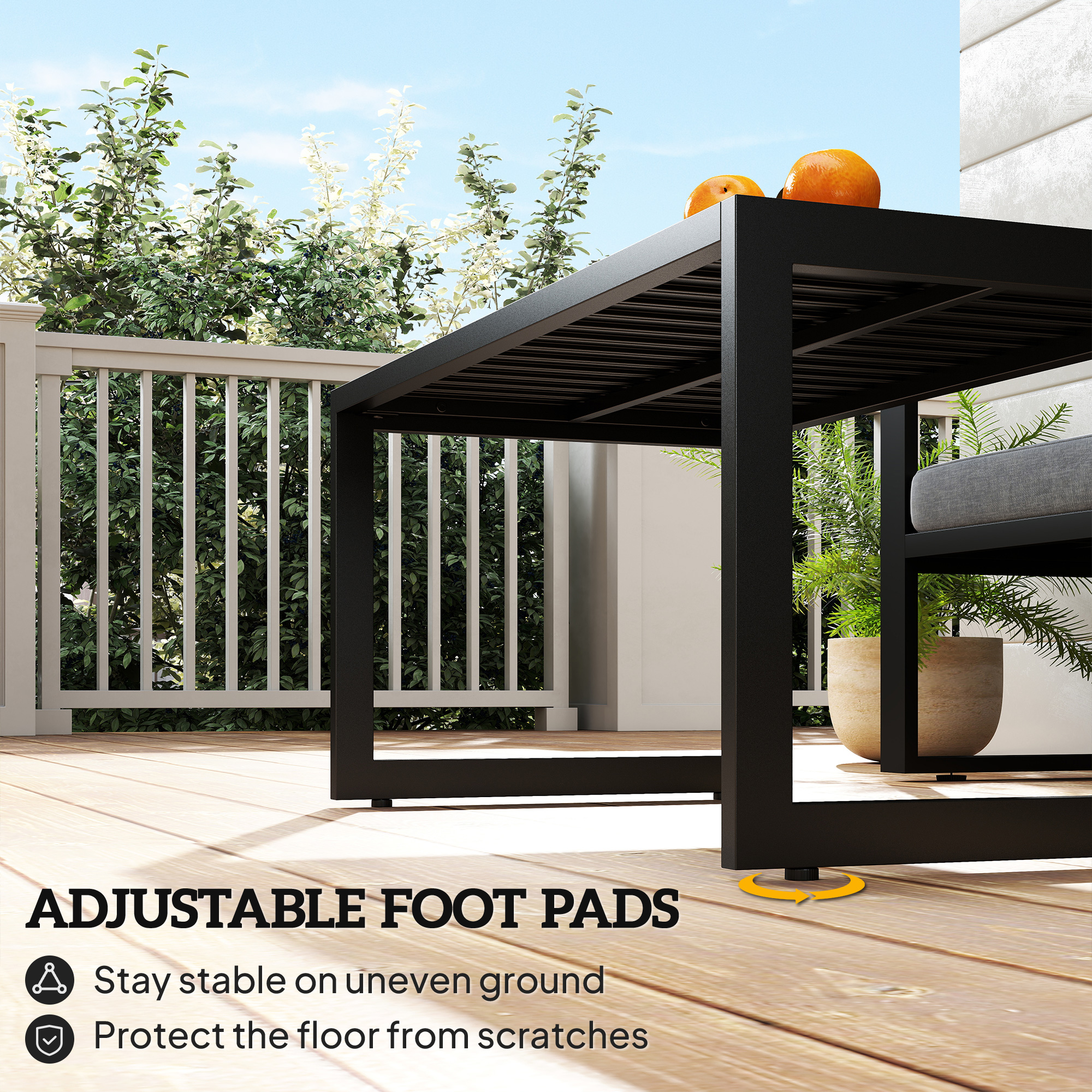 Outdoor Coffee Table, Patio Coffee Table with Slatted Tabletop, Adjustable Foot Pads for Garden, Patio, Lawn, Black - Image 5