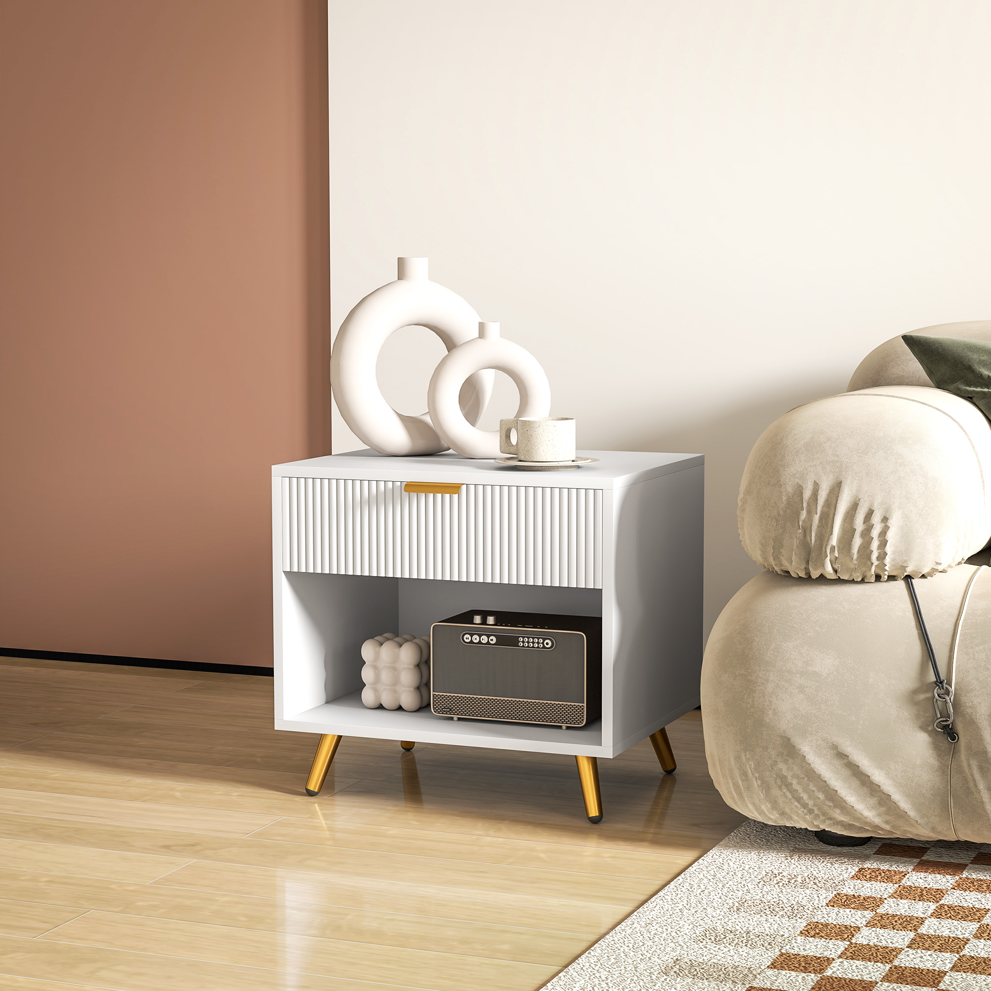 Nightstand with Fluted Panel, Bedside Table with Drawer and Open Compartment, Modern Night Table for Bedroom, White - Image 6