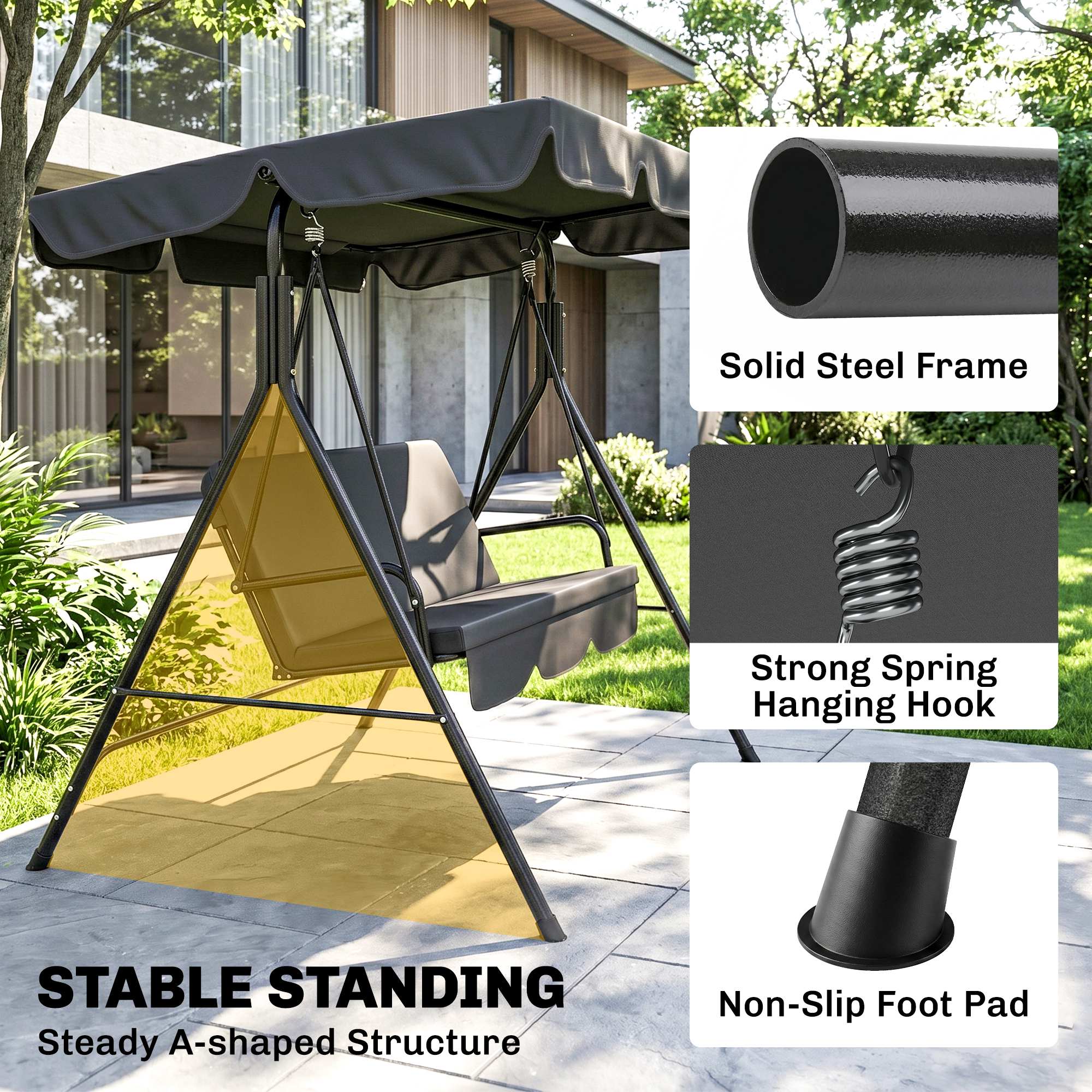 3-Seater Outdoor Porch Swing with Adjustable Canopy, Patio Swing Chair for Garden, Poolside, Backyard, Black - Image 3