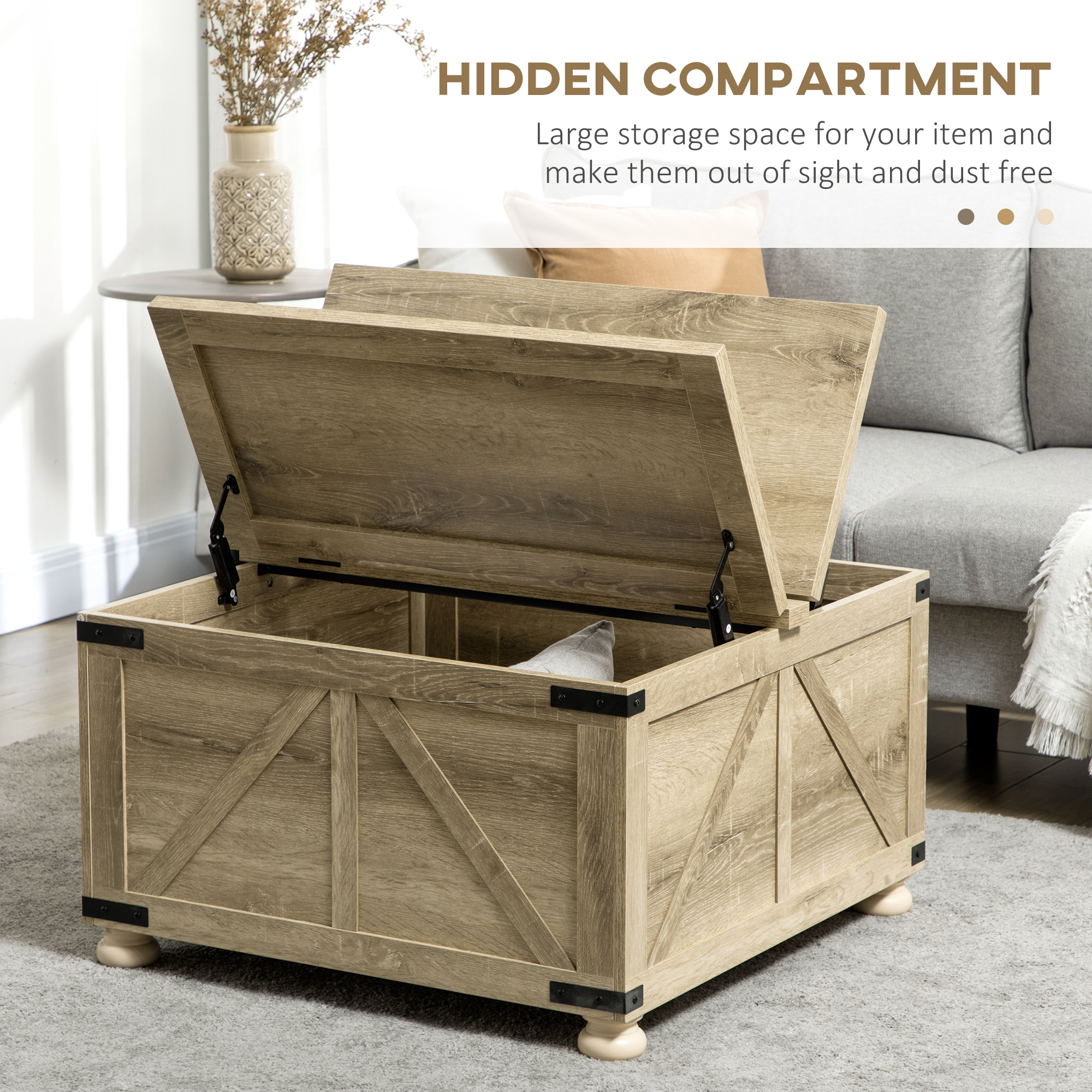 Farmhouse Coffee Table, Square Center Table with Flip-top Lids, Hidden Storage Compartment and Wooden Legs, Oak - Image 2