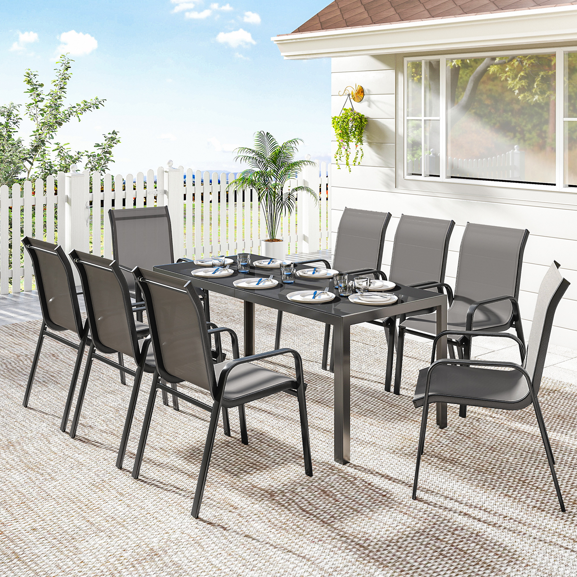 Outdoor Dining Sets for 8 with Stackable Chairs, Patio Dining Set with Glass Top Table for Garden, Patio, Backyard, Dark Grey - Image 6