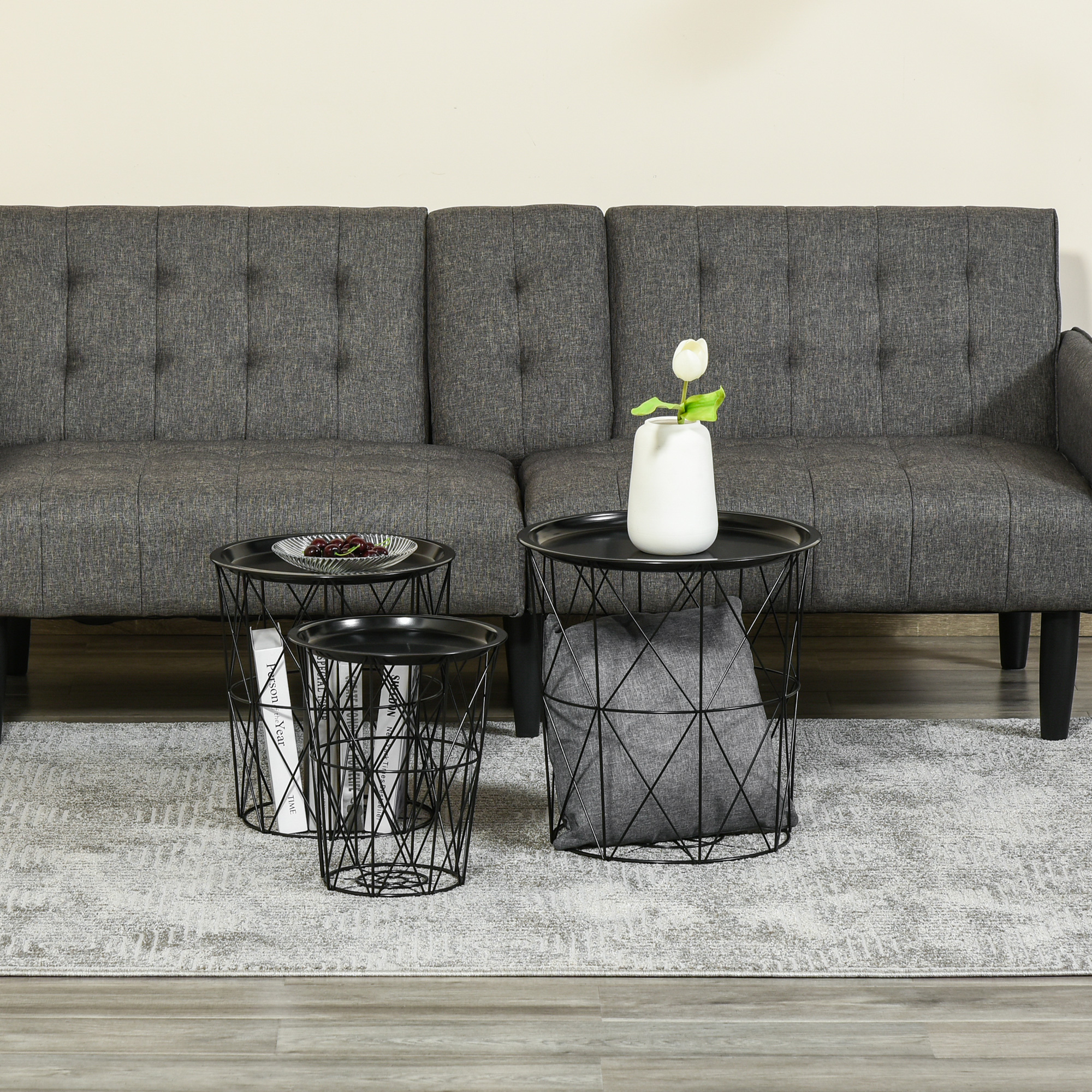 Set of 3 Nesting Coffee Tables with Storage, Round End Table with Removable Tray, Basket Side Tables with Metal Frame for Living Room, Black - Image 6