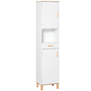 Bathroom Storage Cabinet with Cupboards and Drawer, Floor Free Standing Linen Tower, Tall Slim Side Organizer Shelves, White