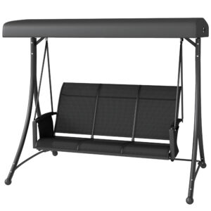 3 Person Outdoor Porch Swing Chair with Adjustable Canopy, Black