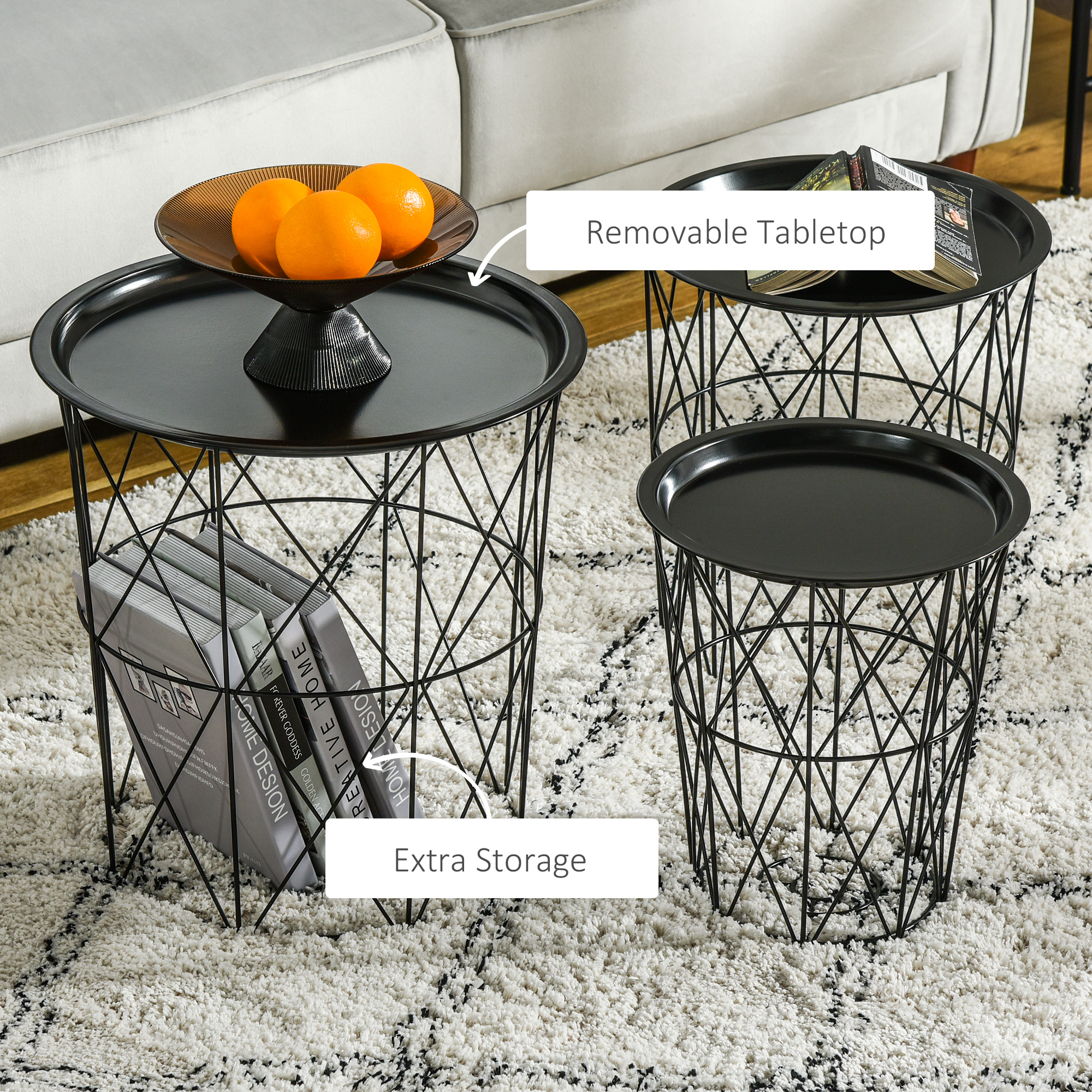 Set of 3 Nesting Coffee Tables with Storage, Round End Table with Removable Tray, Basket Side Tables with Metal Frame for Living Room, Black - Image 3