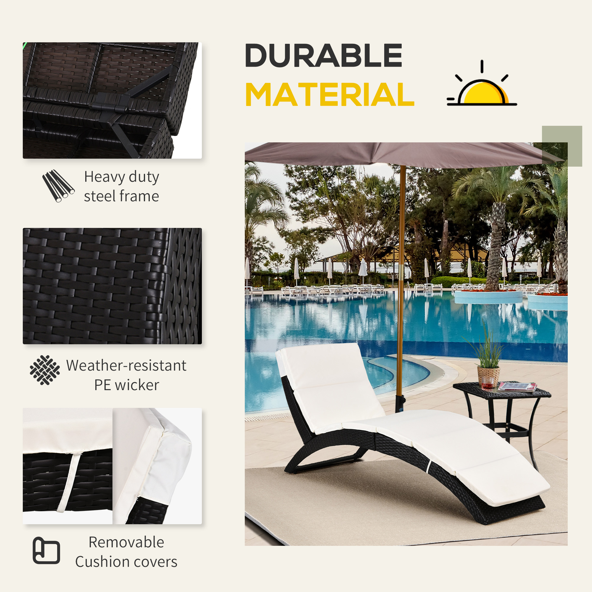 Patio Rattan Chaise lounger wicker Foldable Reclining Backrest PE Rattan Outdoor Lounge Chair, Recliner with Cushion for Garden, Backyard, Lawn,Balcony, Beige - Image 2