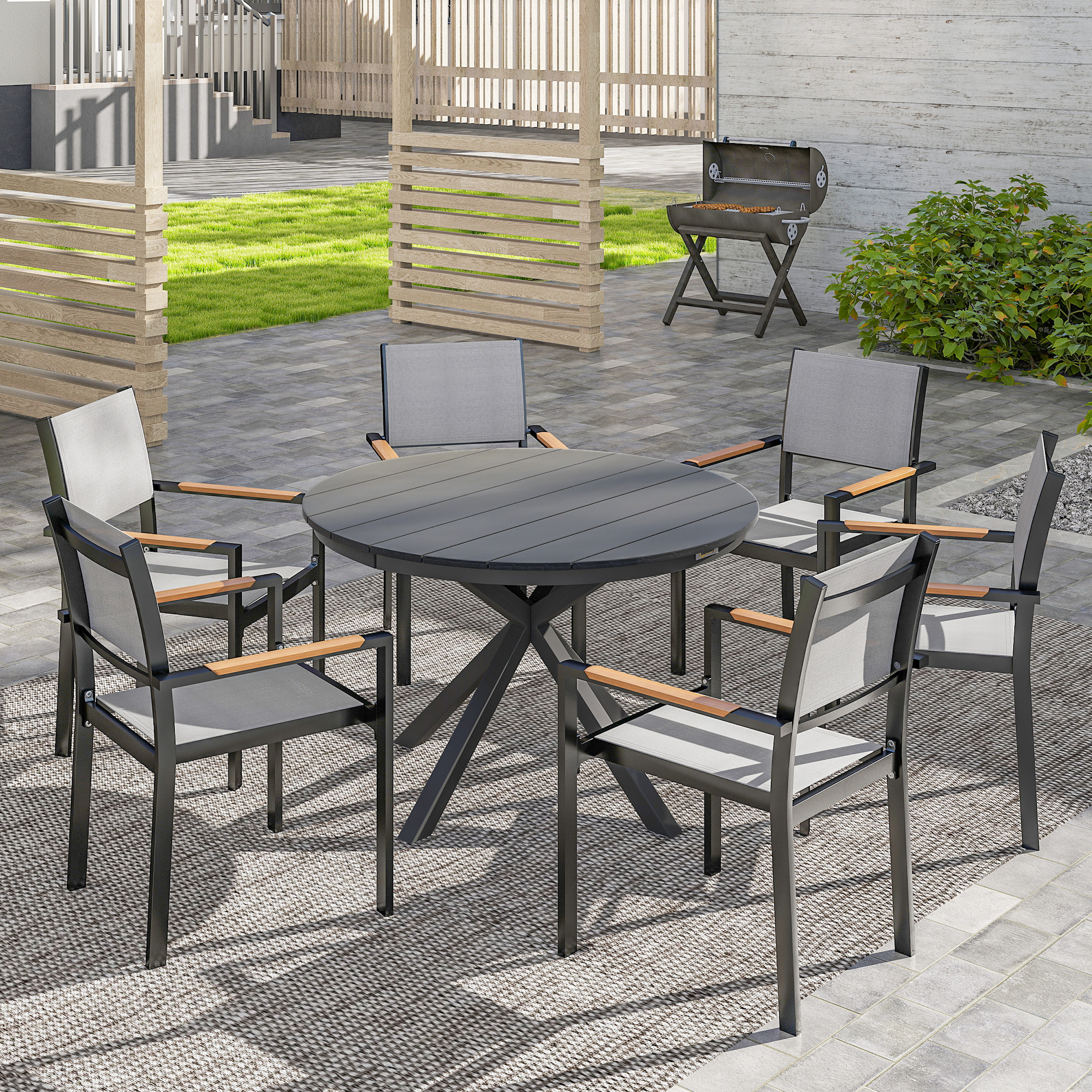 46.5" Outdoor Dining Table for 6, Round Picnic Table with Slatted Top for Balcony, Porch, Black - Image 6