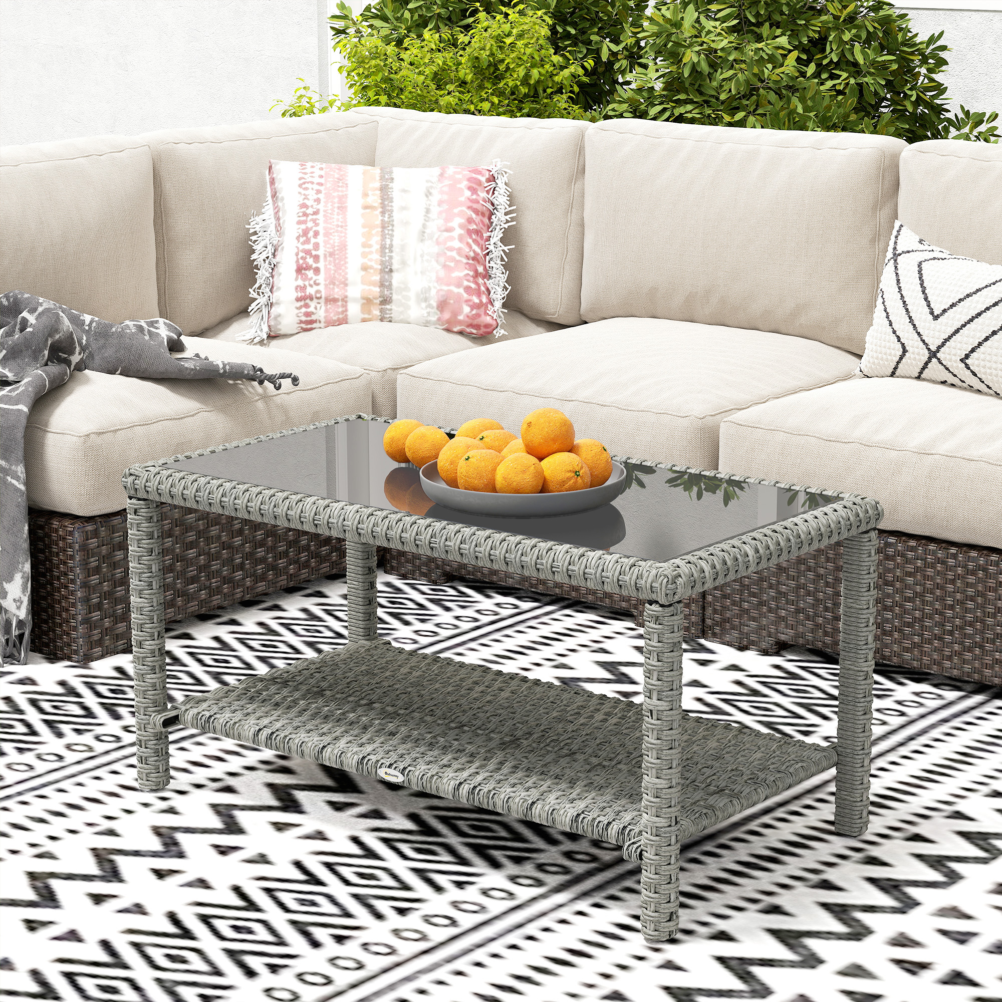 35" Outdoor Wicker Coffee Table with Glass Top, Storage Shelf for Garden Porch Balcony Deck, Dark Grey - Image 5