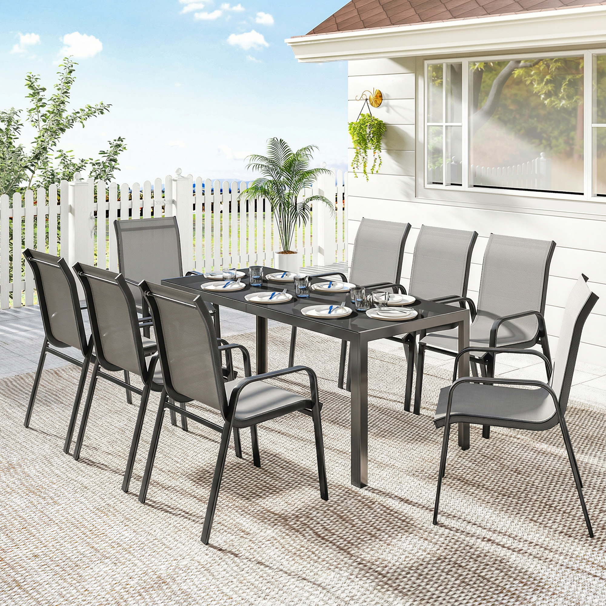9 Pieces Patio Set with Stackable Chairs, Patio Dining Set with Glass Top for Garden, Patio, Backyard, Light Grey - Image 6