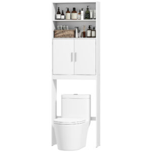 Over The Toilet Storage Cabinet, Freestanding 4-Tier Bathroom Organizer with Adjustable Shelf and 2 Doors, White