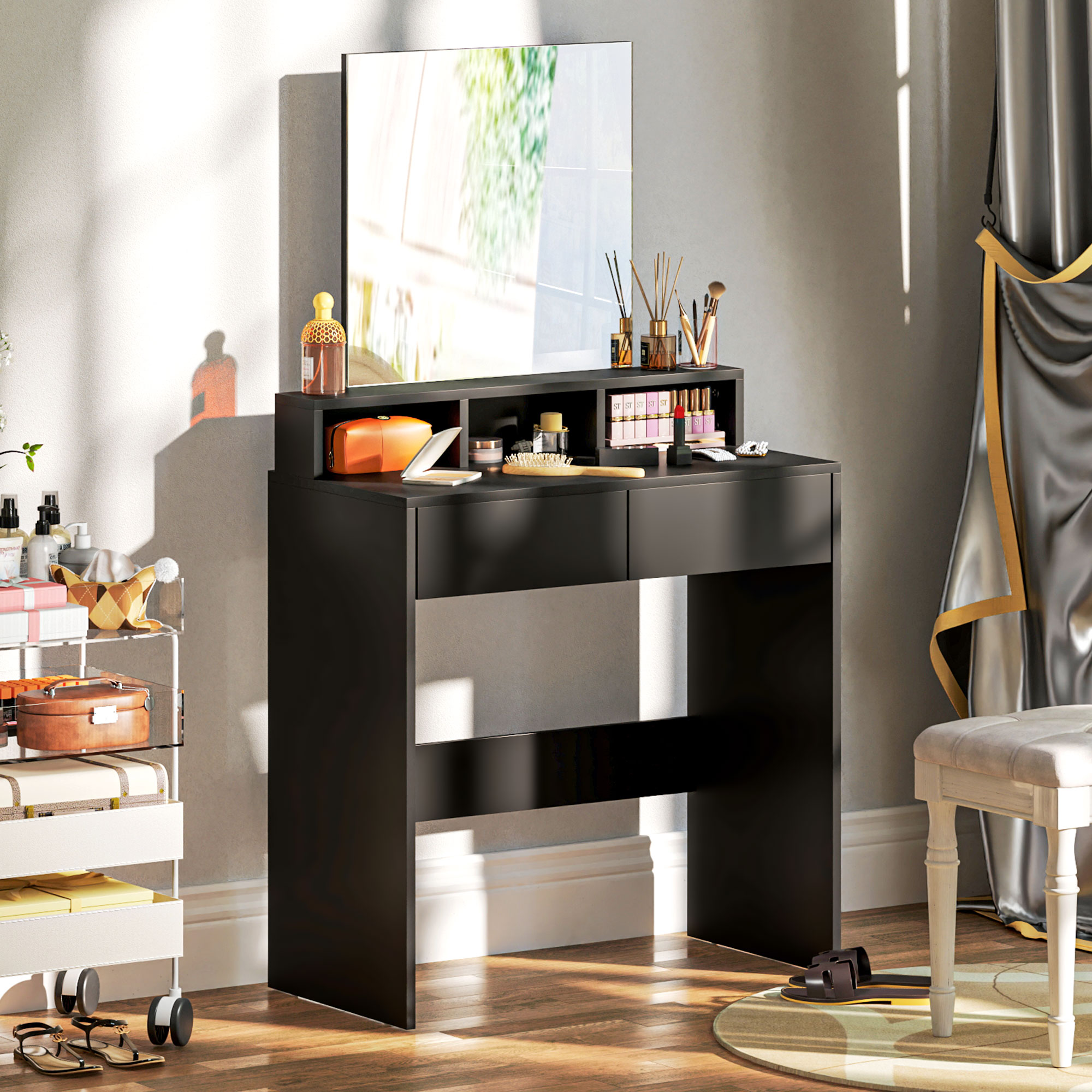 Makeup Vanity Desk with Mirror, for Bedroom, Modern Dressing Table with Drawers, Compartments, Black - Image 5