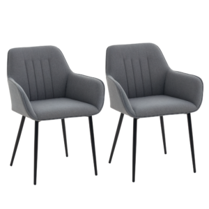 Dining Chairs Set of 2, Linen Upholstery Accent Chair with Back, Armrest, Metal Legs, Dark Grey