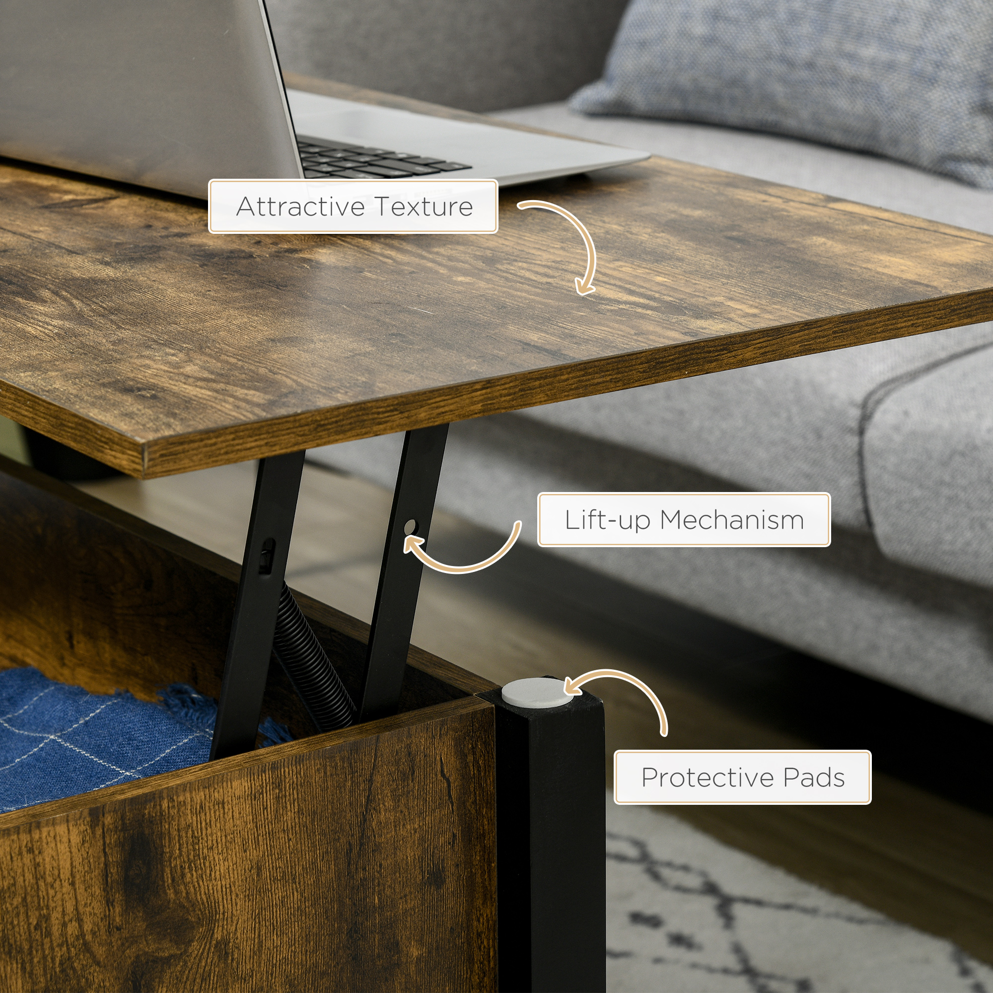 Lift Top Coffee Table, Modern Center Table with Storage Shelves and Hidden Compartment for Living Room, 41" L - Image 4