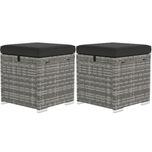 2 Pieces Wicker Outdoor Ottoman with Storage, Cushion, Square Outdoor Footstool, Seating, Side Table, Dark Grey