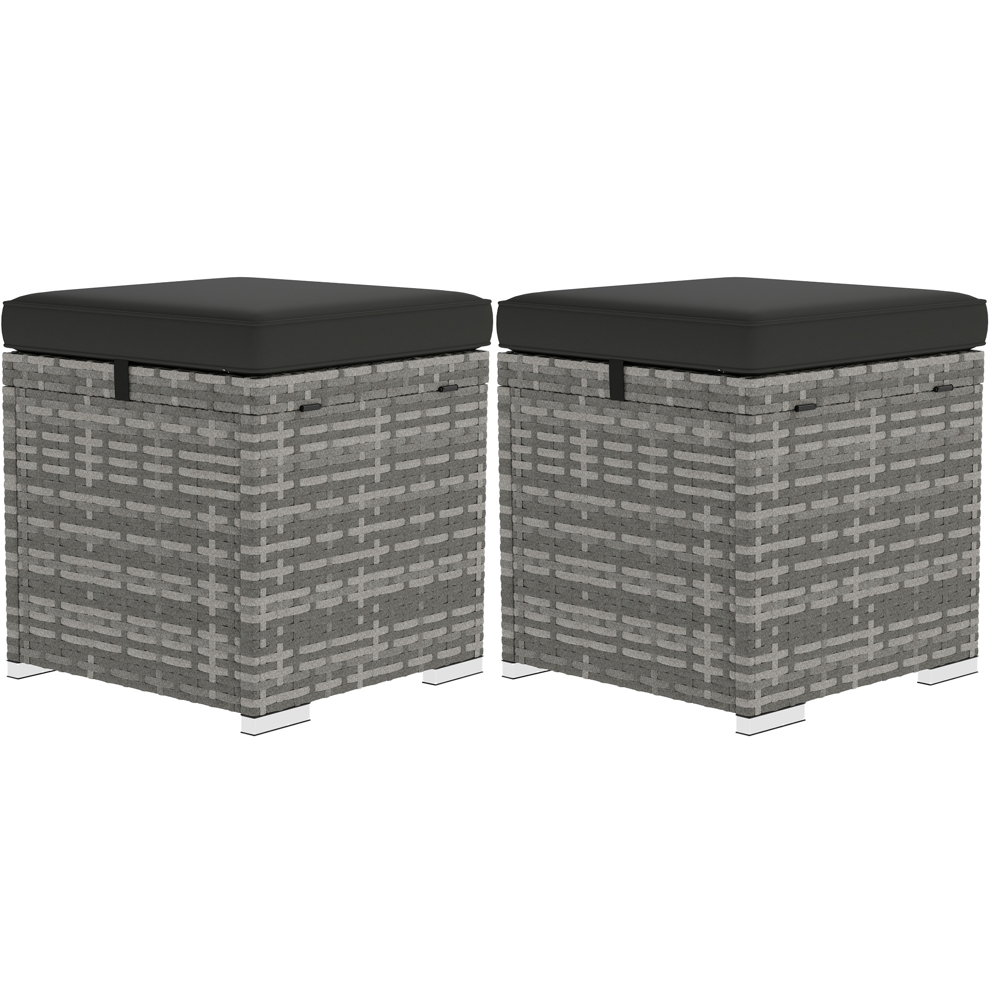 2 Pieces Wicker Outdoor Ottoman with Storage, Cushion, Square Outdoor Footstool, Seating, Side Table, Dark Grey