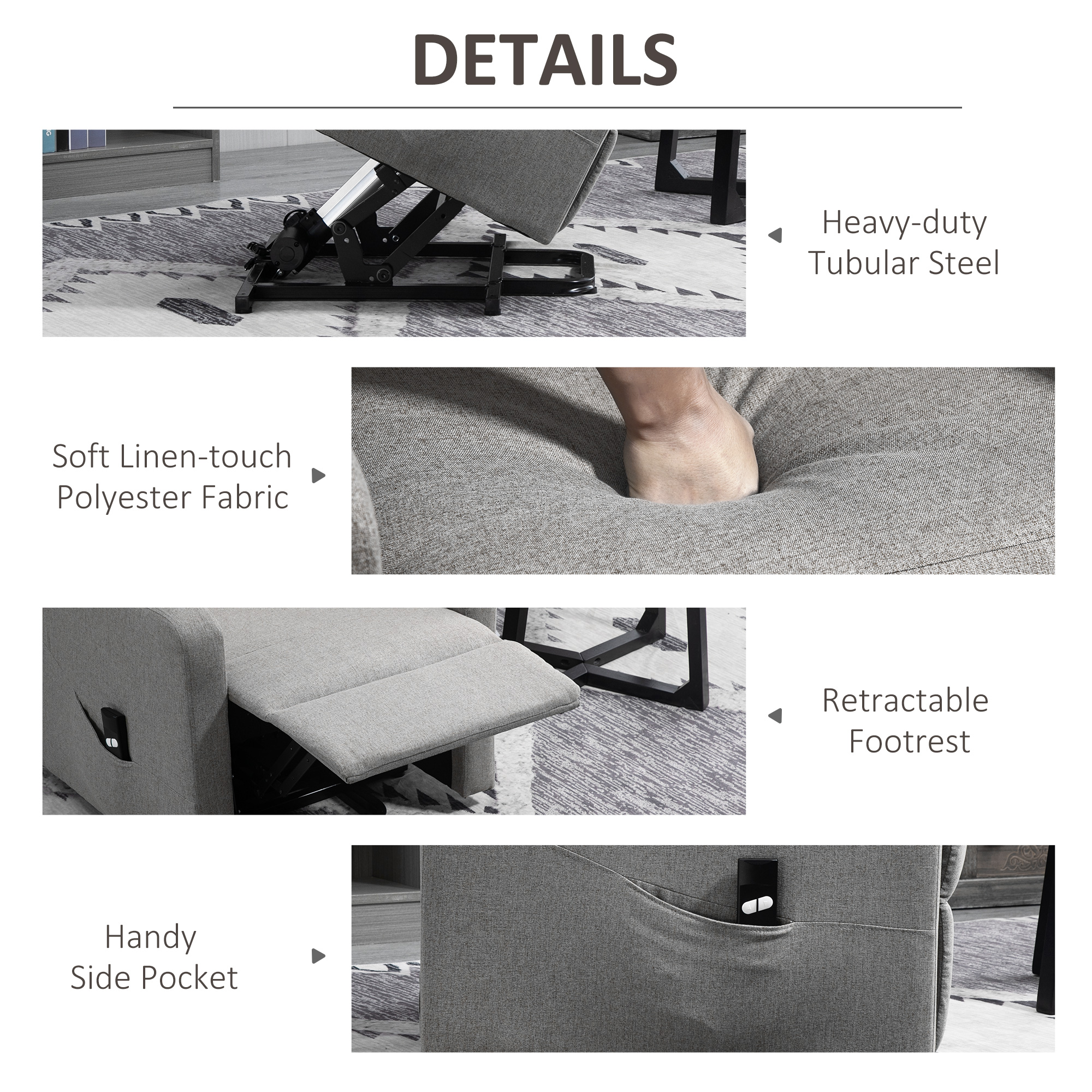 Electric Lift Recliner Chair Rising Power Chaise Lounge Fabric Sofa with Remote Control & Side Pocket for Living Room - Image 2