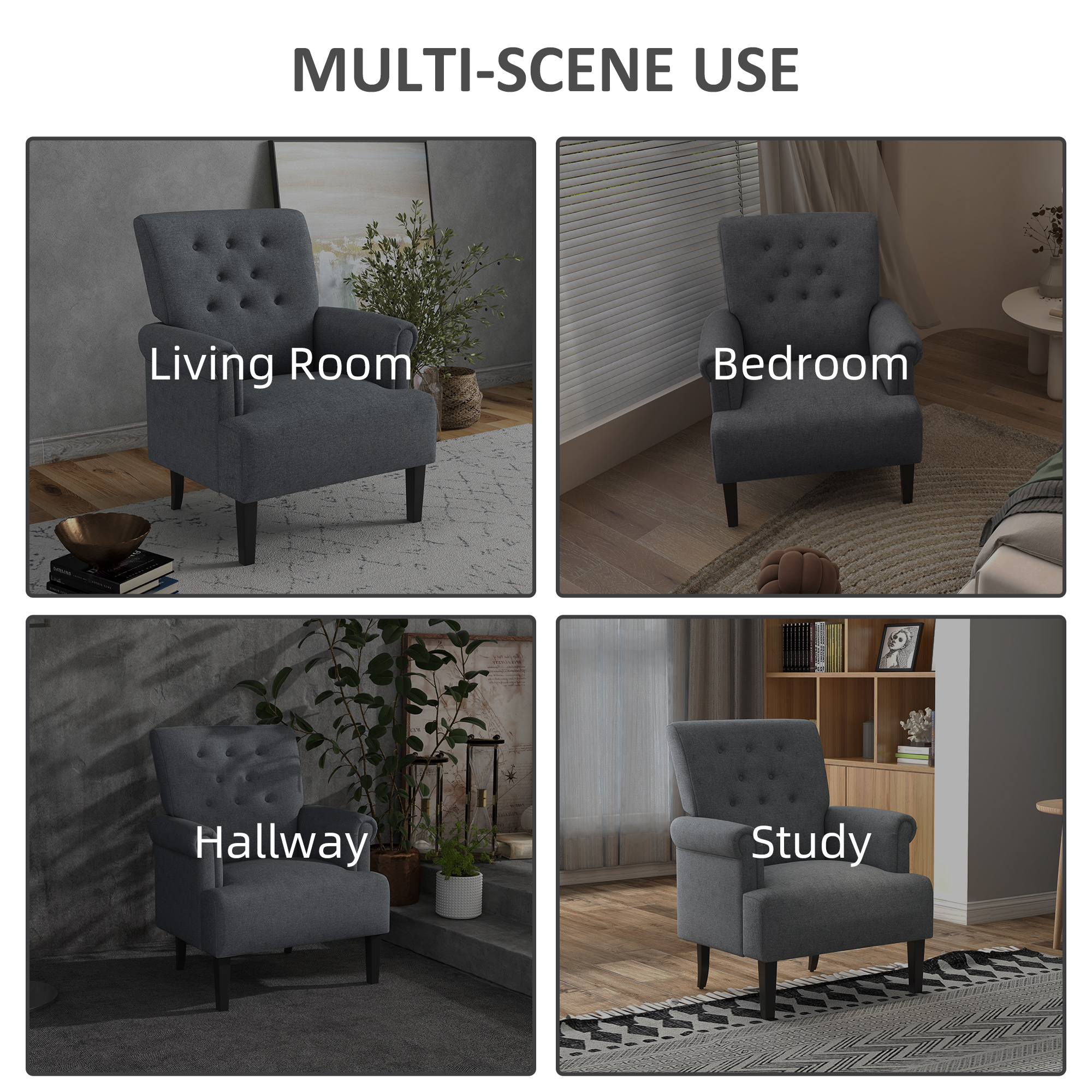 Armchair, Fabric Accent Chair, Modern Living Room Chair with Wood Legs and Rolled Arms for Bedroom, Grey - Image 4