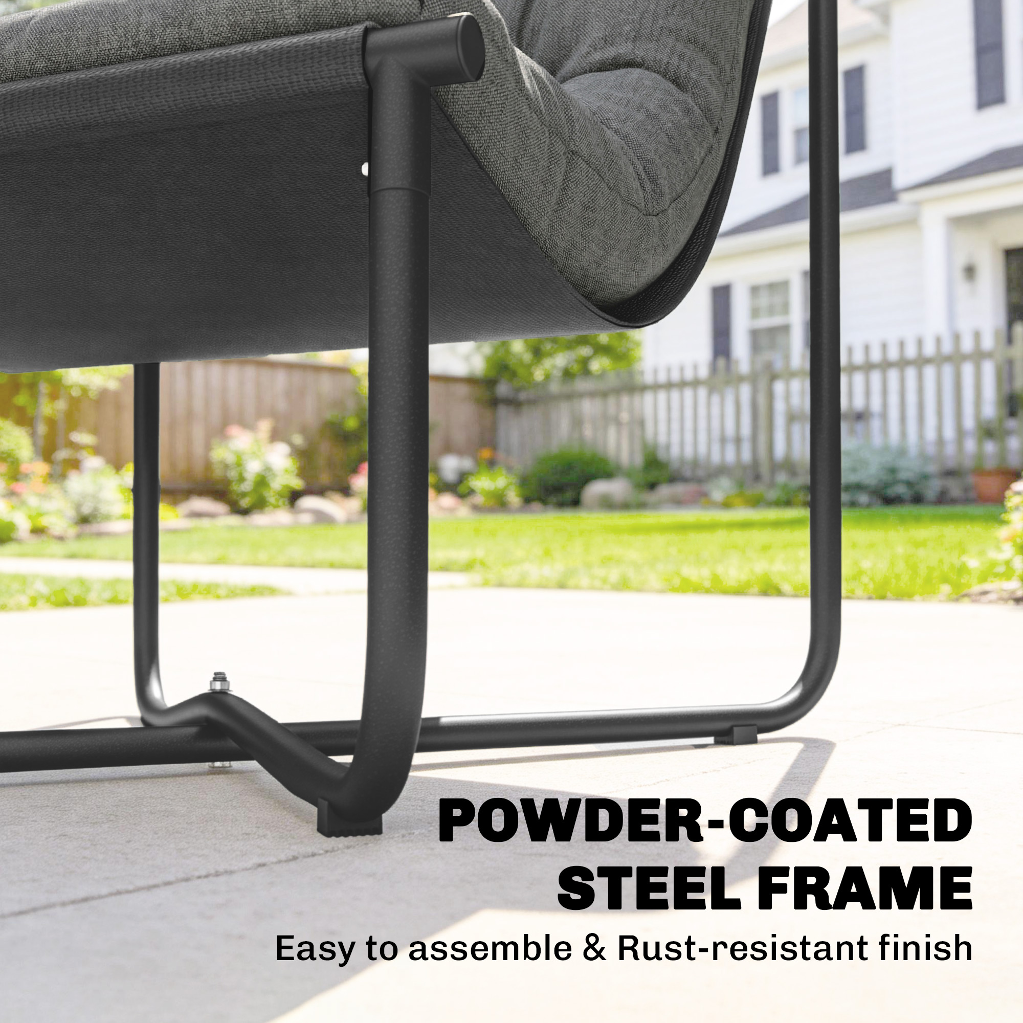 Outdoor Patio Chair, Comfy Sling Lounge Chair with Cushion, Breathable Wide Seat, Steel Frame, Dark Grey - Image 5