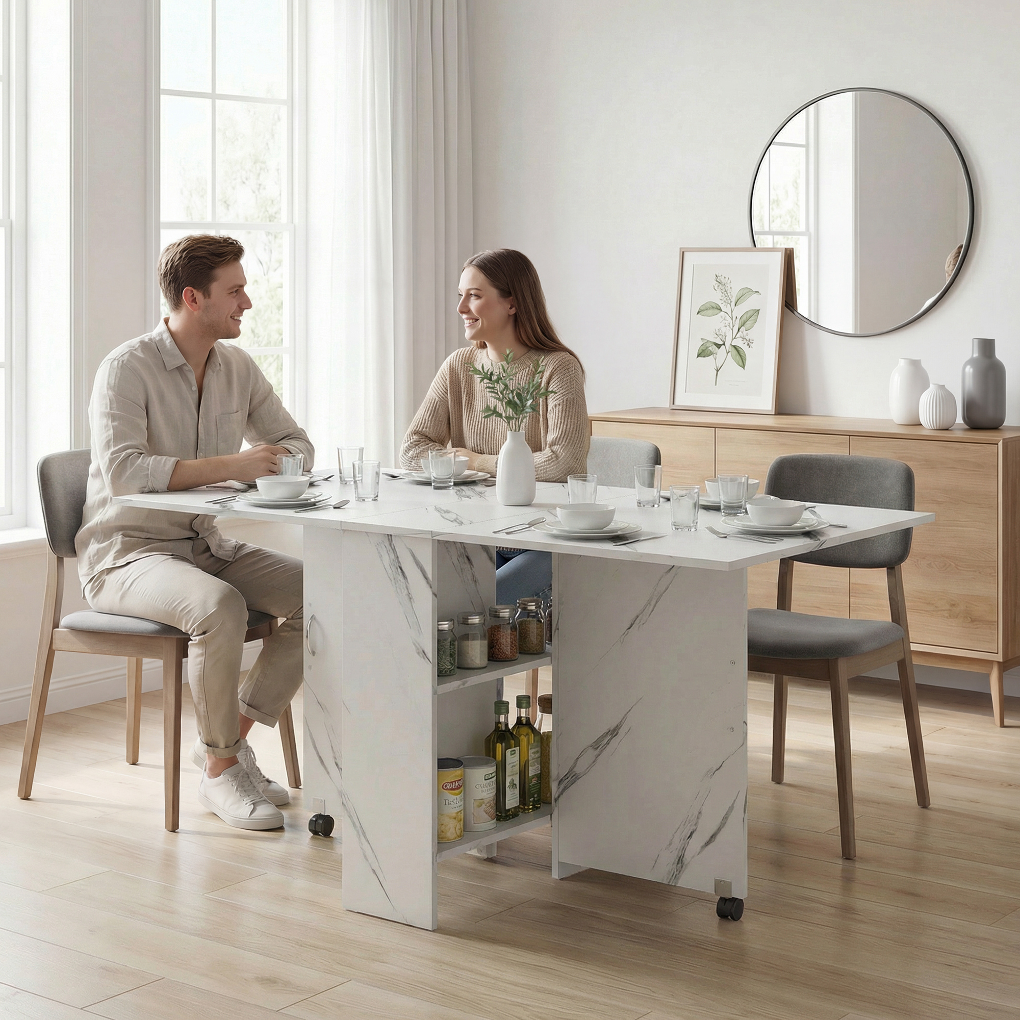 Extendable Dining Table, Collapsible Folding Table with 2-tier Shelves and Rolling Casters, Marble White - Image 6