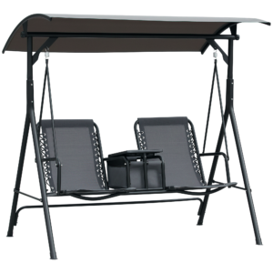 2 Person Covered Porch Swing Patio Swing with Pivot Storage Table, Cup Holder, & Adjustable Overhead Canopy, Grey