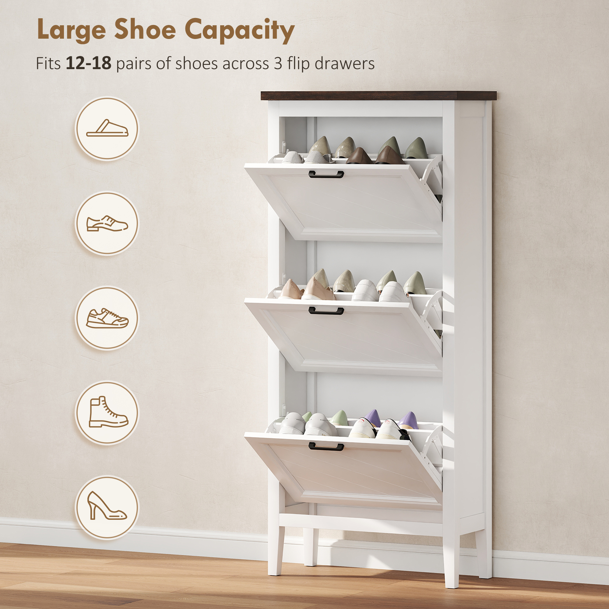 Shoe Cabinet with 3 Flip Drawers, Farmhouse Narrow Shoe Storage Cabinet with Adjustable Shelves, White - Image 3