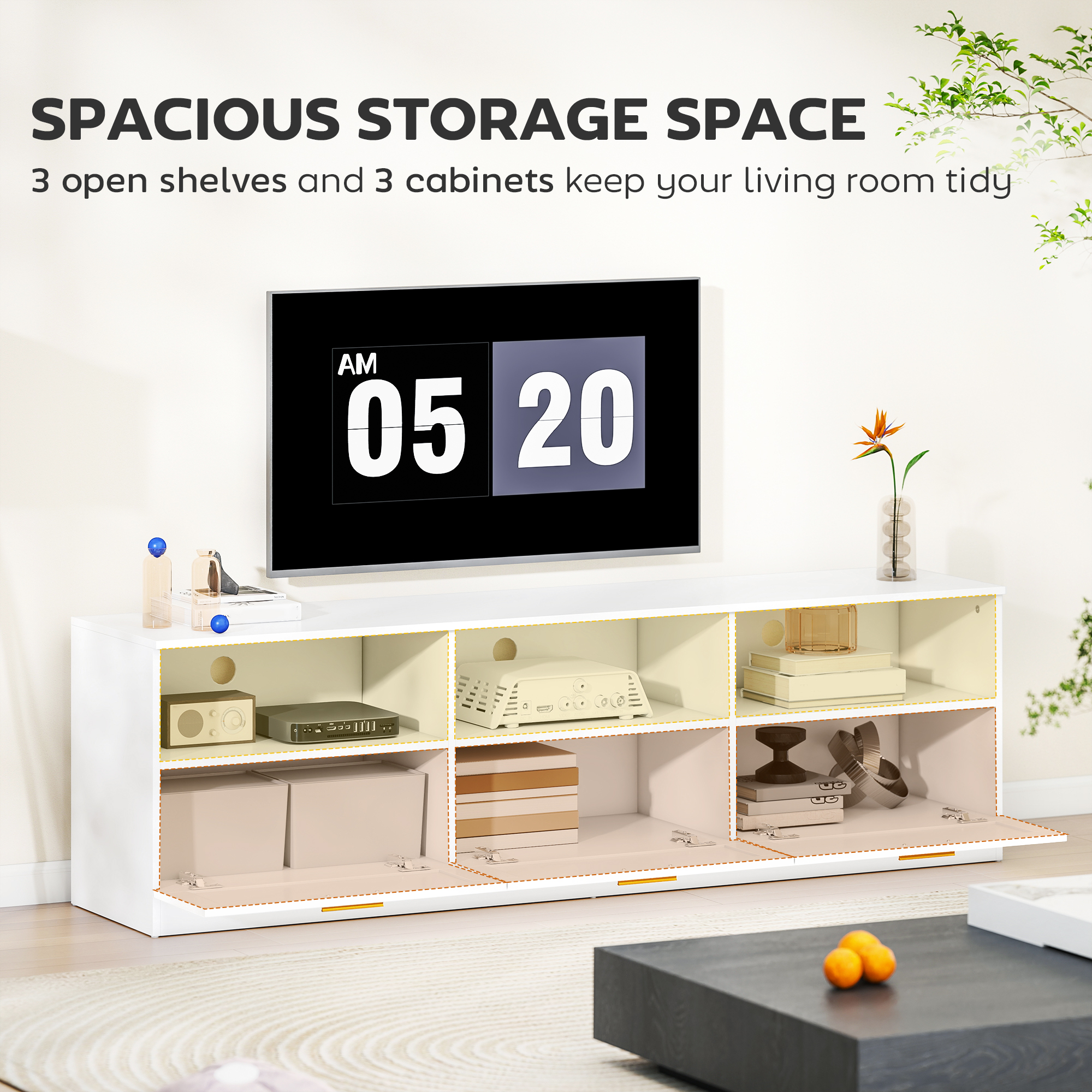 TV Stand with Storage, Modern Entertainment Center with 3 Cabinets and 3 Open Shelves, for TVs up to 85", White - Image 2