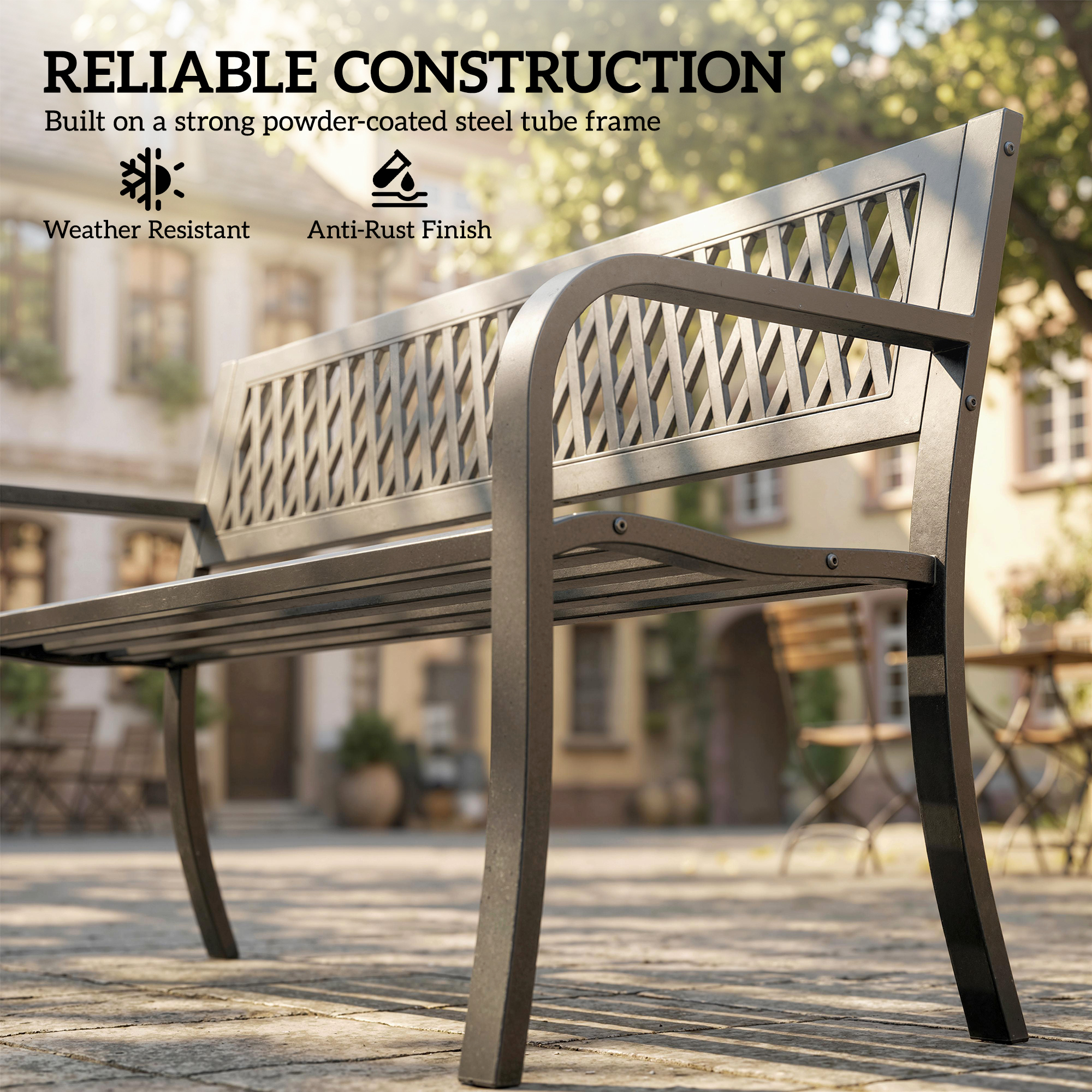 Outdoor Bench with Floral Backrest 2 Seater Garden Bench with Armrests for Yard Park Balcony Black - Image 3