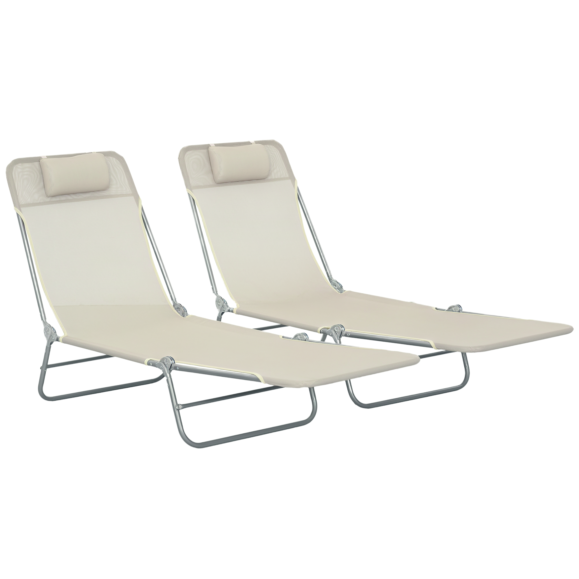 Set of 2 Folding Chaise Lounge Chairs, Outdoor Poolside Sun Tanning Chairs w/ Pillow, Reclining Backrest, Cream White